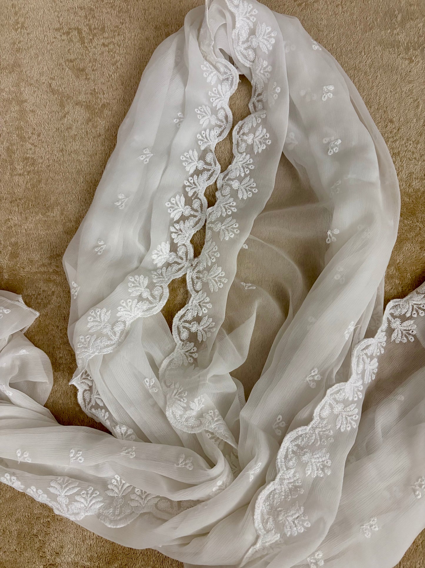 Crinkle Embroidery Dupatta, Soft Floral Wrap, Elegant Ladies Scarf, 316, White