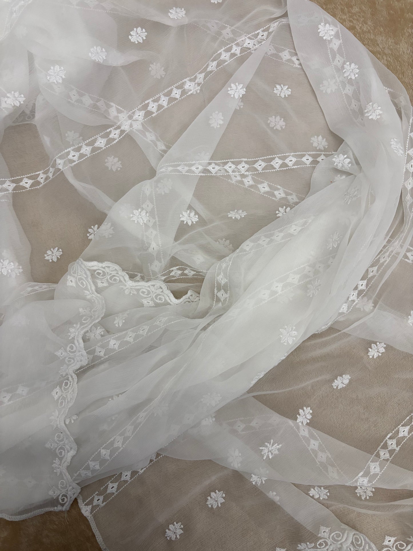 Crinkle Embroidery Dupatta, Soft Floral Wrap, Elegant Ladies Scarf, 321,White