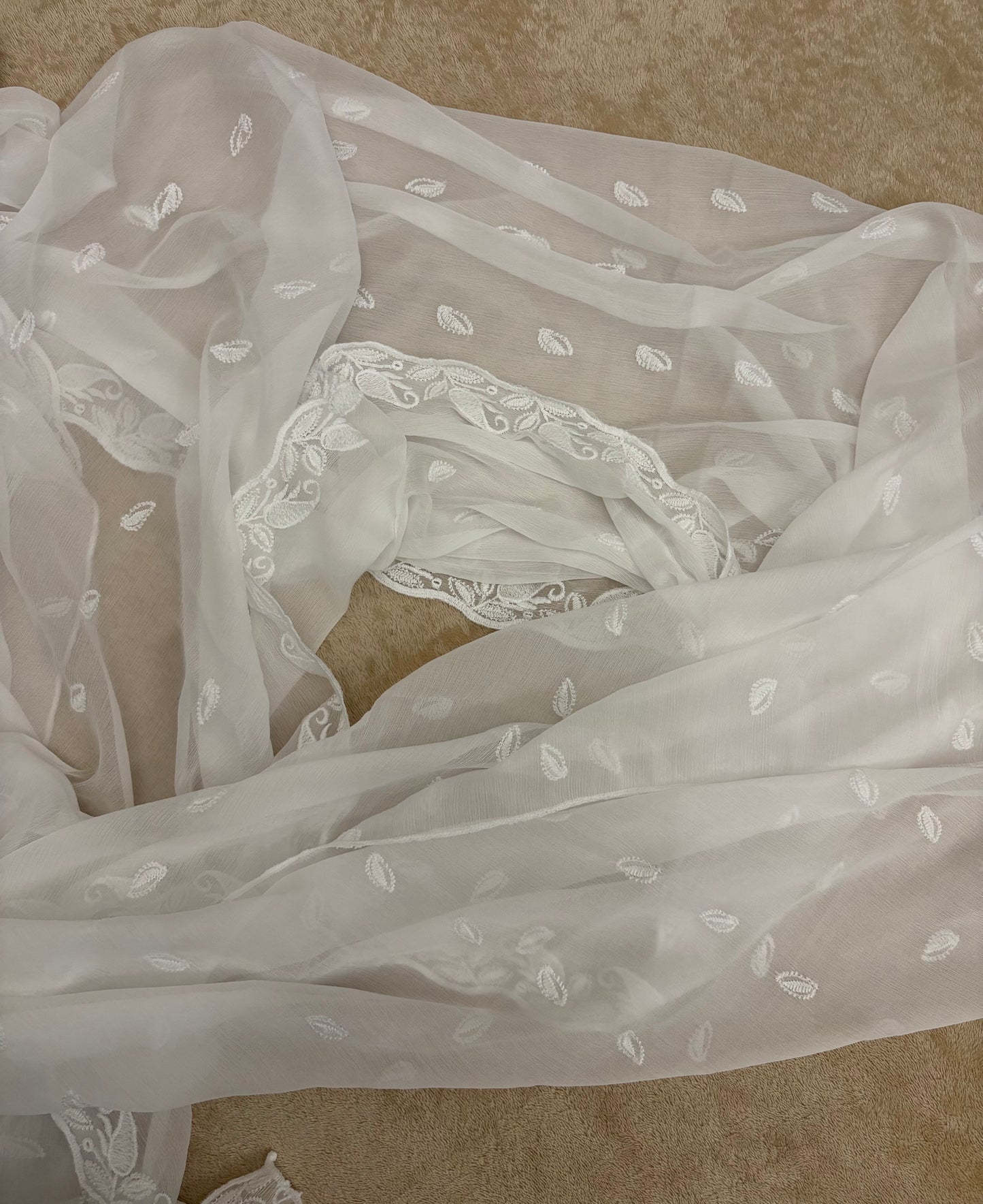 Crinkle Embroidery Dupatta, Soft Floral Wrap, Elegant Ladies Scarf, 322,White