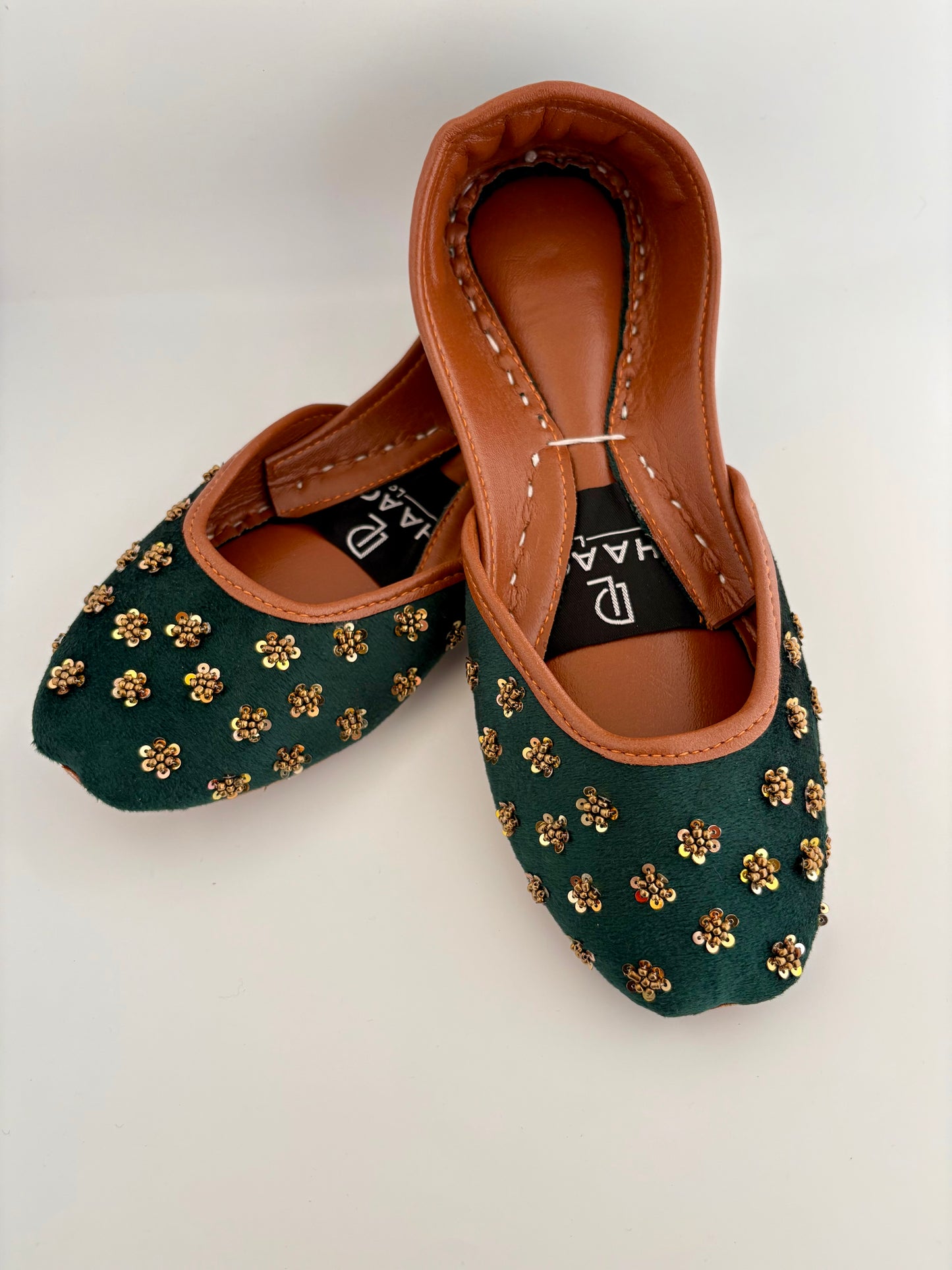298-Handmade Leather/Velvet Khussa/Jutti -Green– Available sizes: UK 5,6,7,8