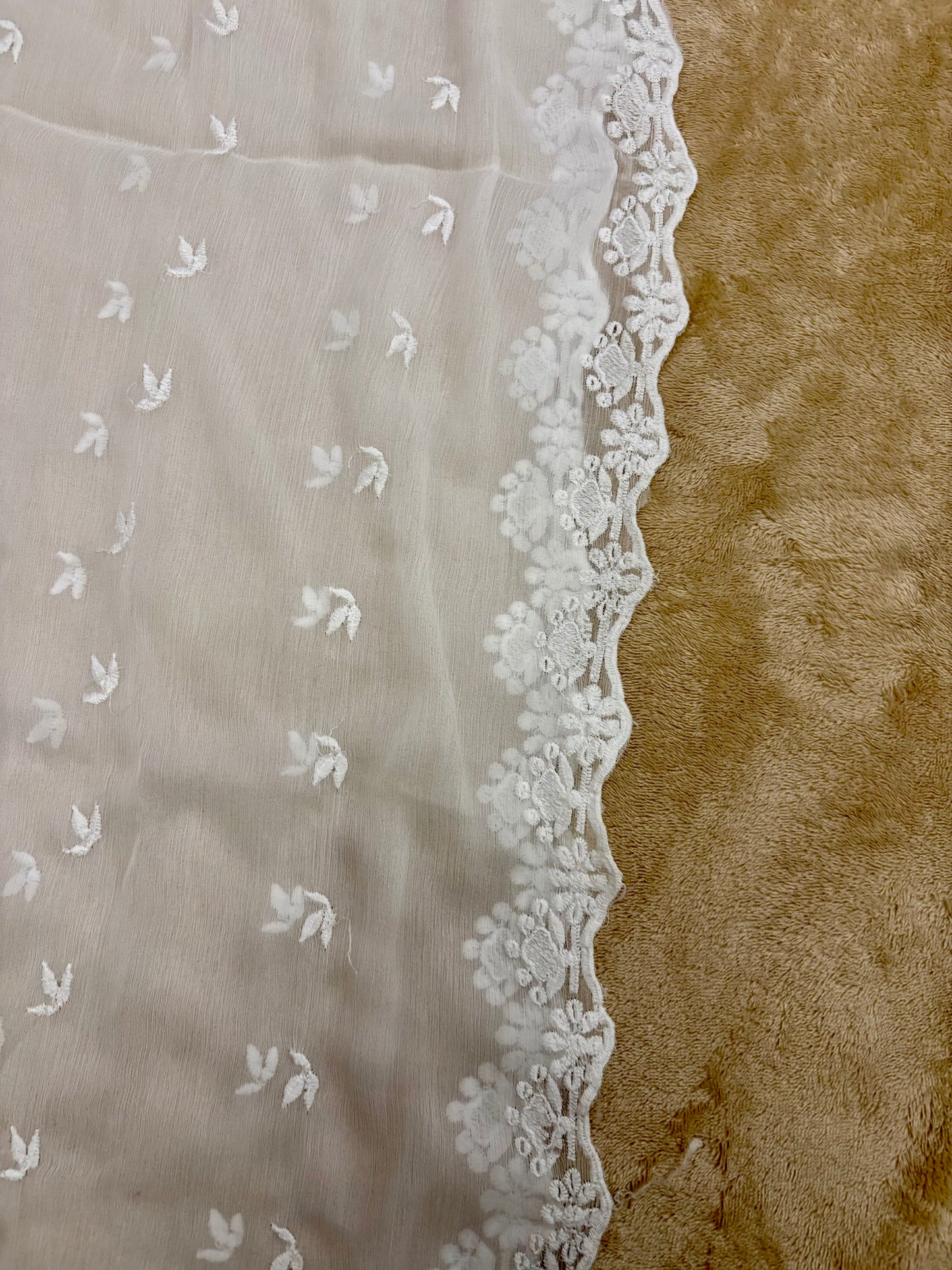 Crinkle Embroidery Dupatta, Soft Floral Wrap, Elegant Ladies Scarf, 319, White