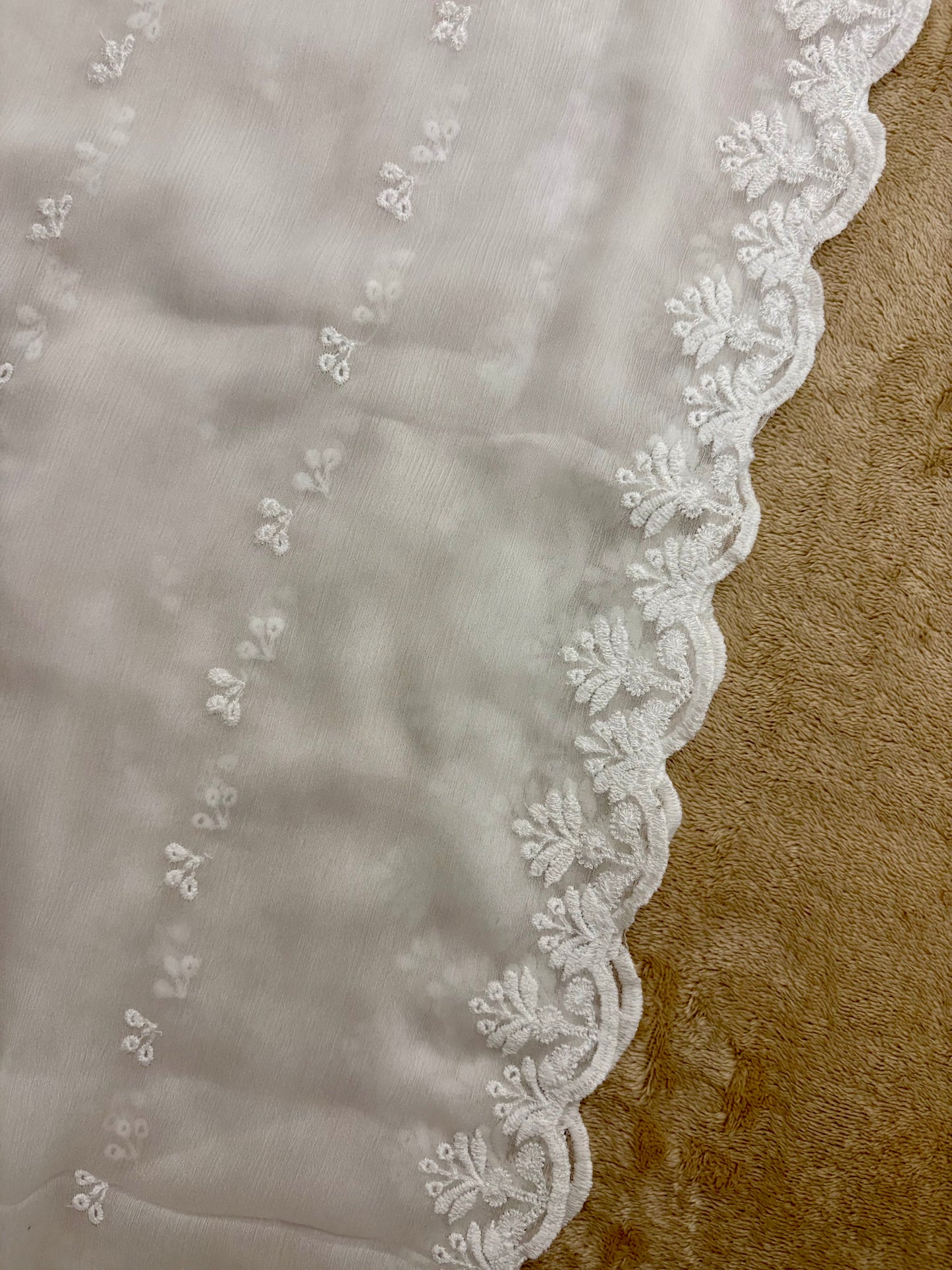 Crinkle Embroidery Dupatta, Soft Floral Wrap, Elegant Ladies Scarf, 316, White