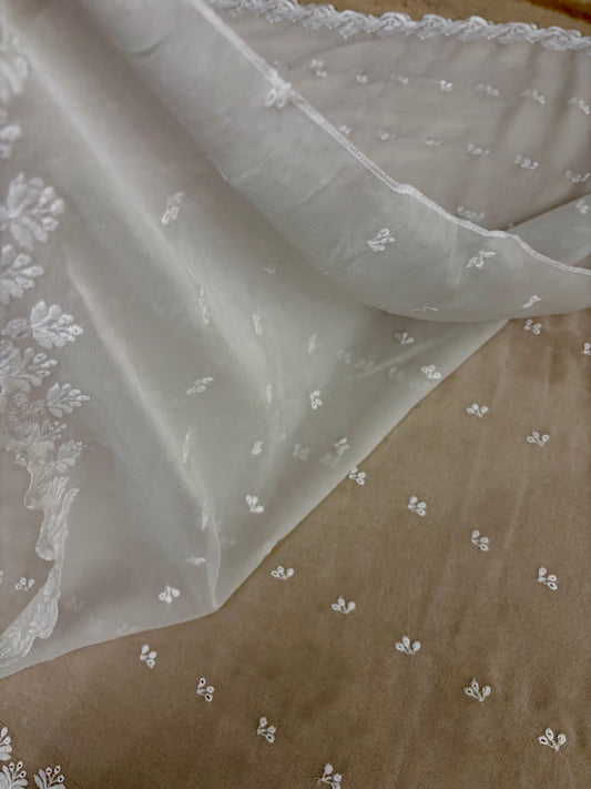 Crinkle Embroidery Dupatta, Soft Floral Wrap, Elegant Ladies Scarf, 316, White