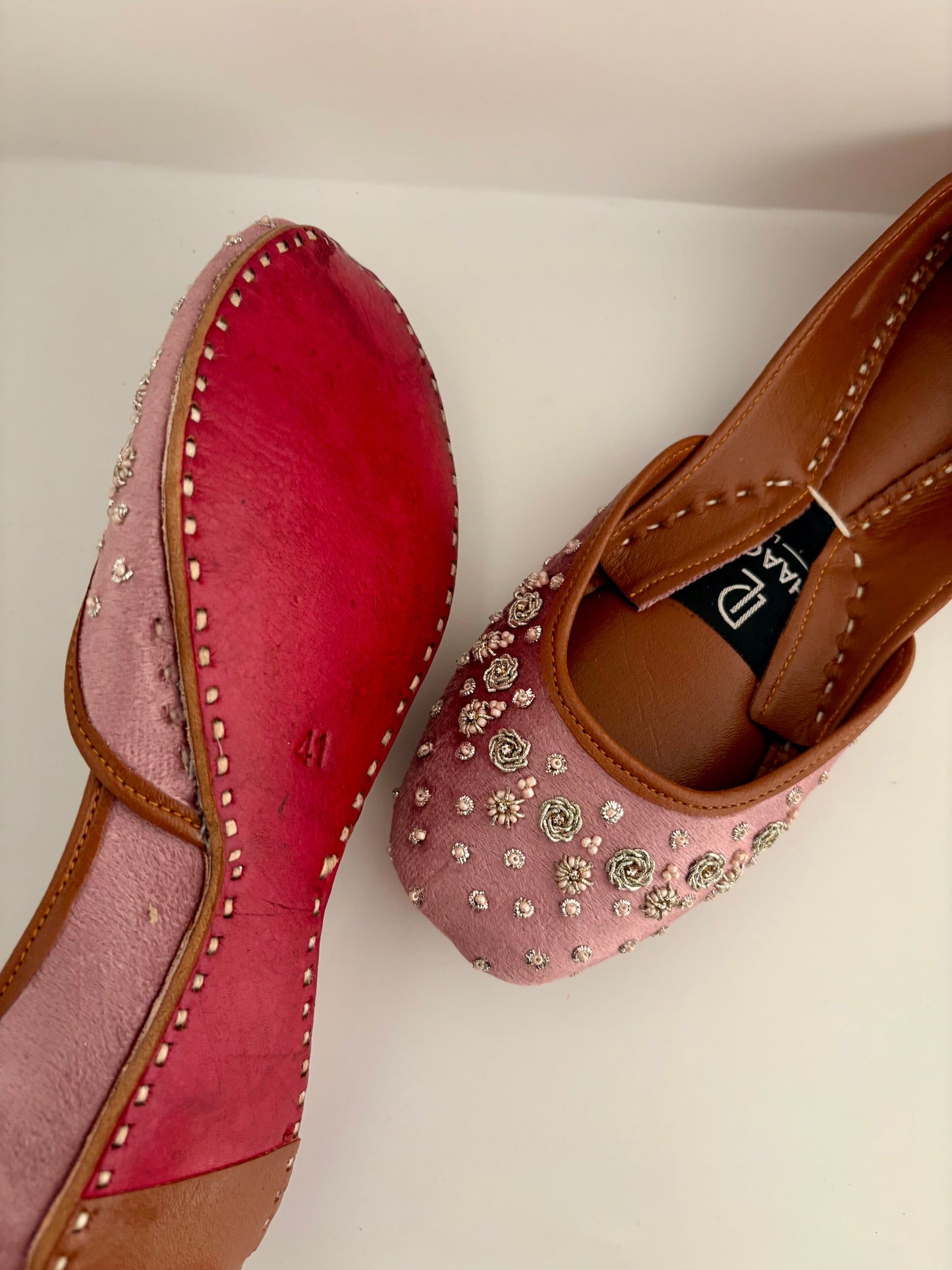 343-Handmade Leather/Velvet Khussa/Jutti - Pink-Available sizes: UK 5,6,7,8