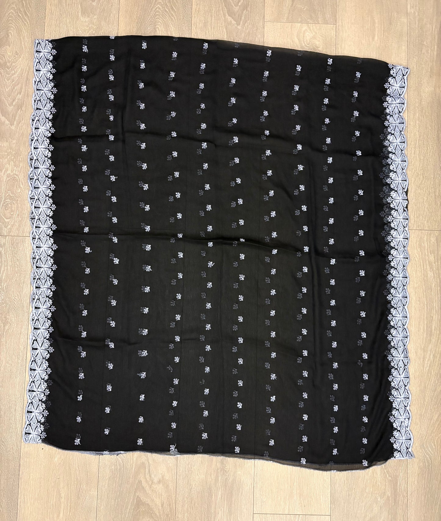 Crinkle Embroidery Dupatta, Soft Floral Wrap, Elegant Ladies Scarf, 299,Black