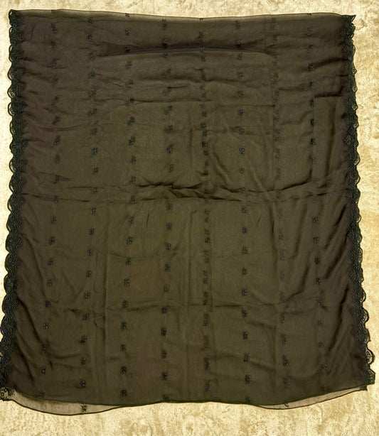 Crinkle Embroidery Dupatta, Soft Floral Wrap, Elegant Ladies Scarf, 318,Black