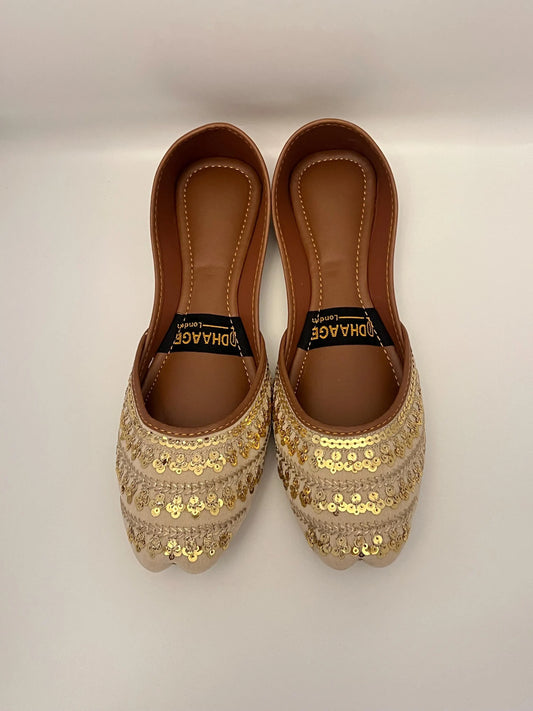 188-Handmade Women’s Cream Gold Khussa – Traditional Jutti – Available size: UK 4,8