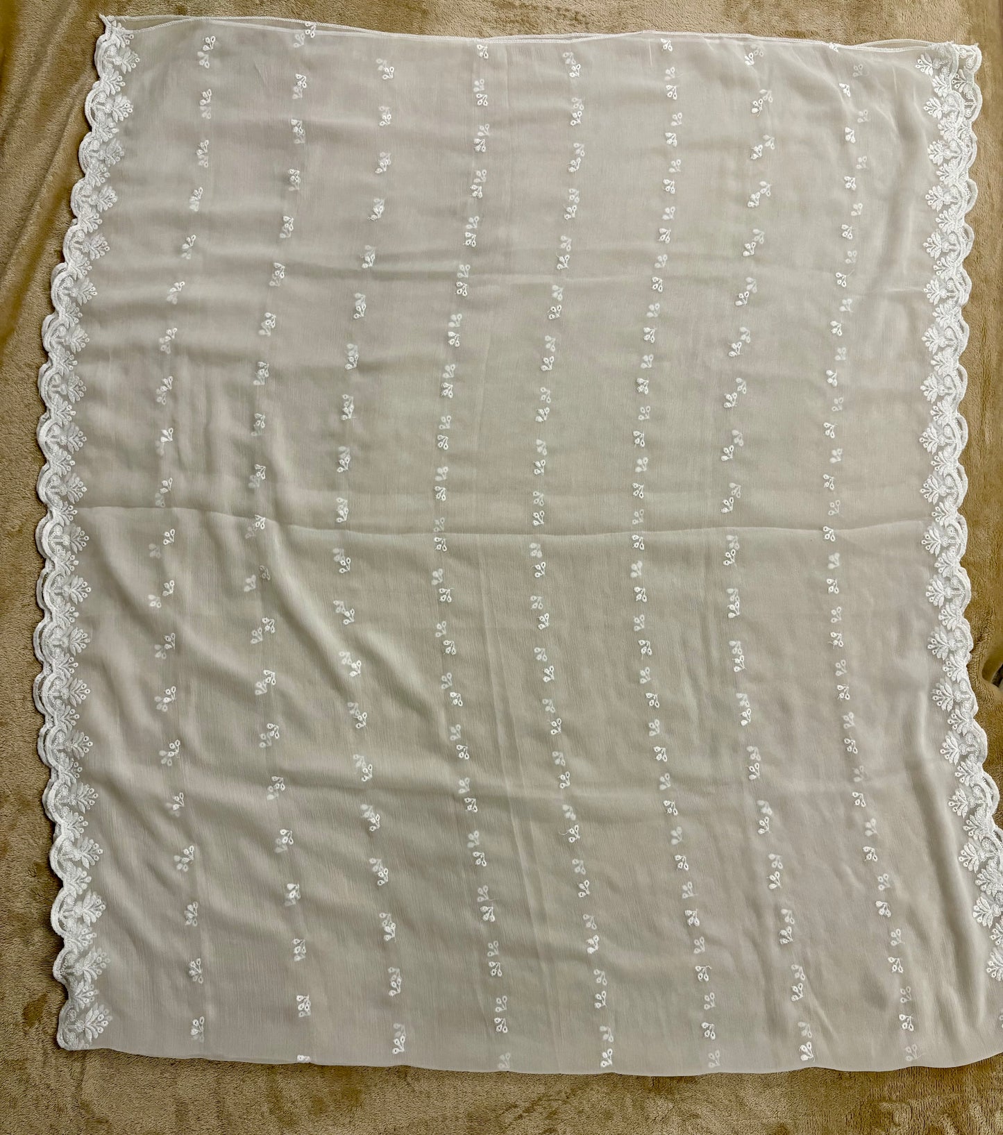 Crinkle Embroidery Dupatta, Soft Floral Wrap, Elegant Ladies Scarf, 316, White