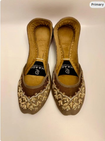 272-Handmade Leather/Velvet Khussa/Jutti Taupe Brown– Available sizes: UK 6,7,8