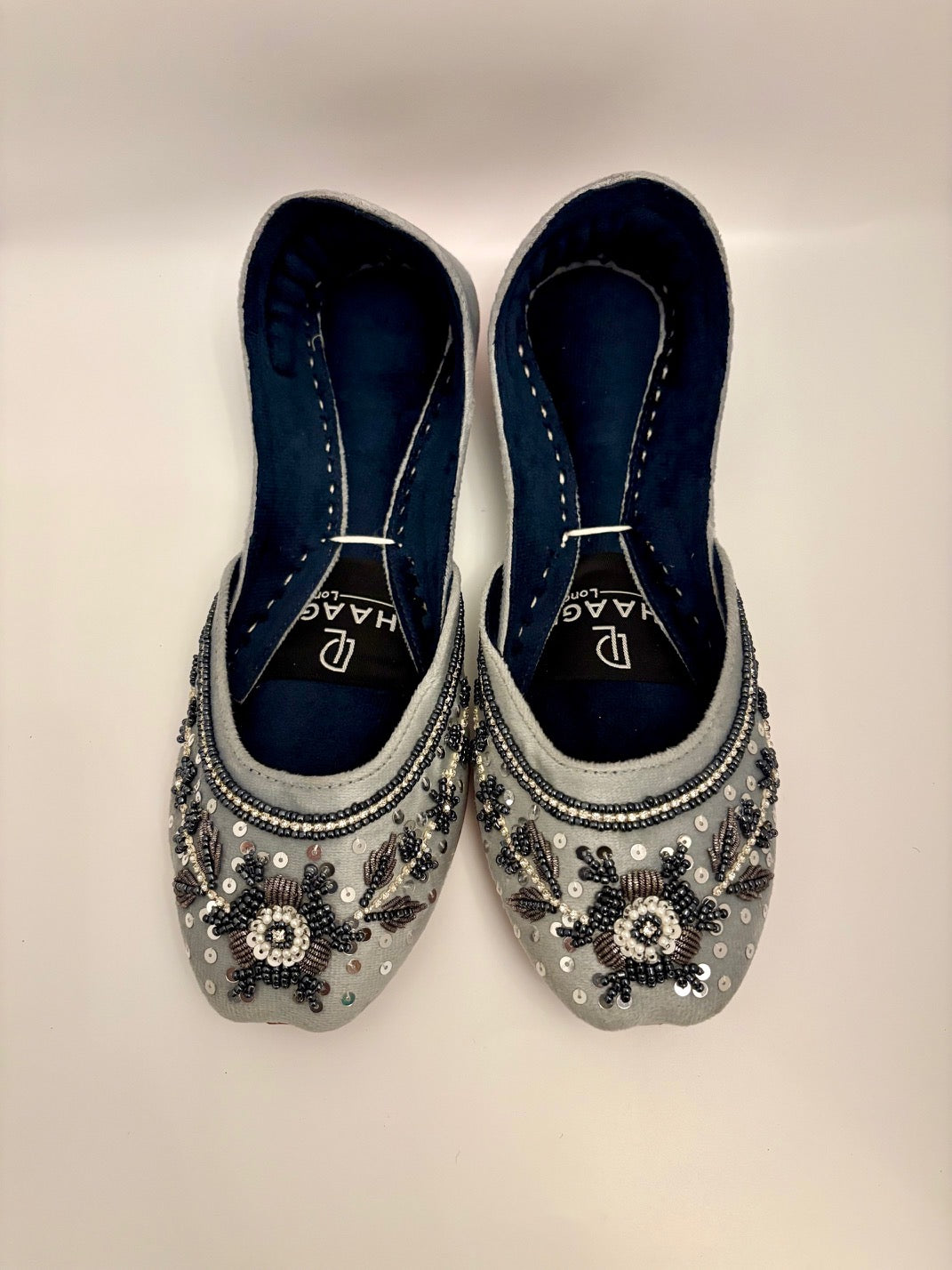 273-Handmade Leather/Velvet Khussa/Jutti Silver Grey– Available sizes: UK 5,6,7,8