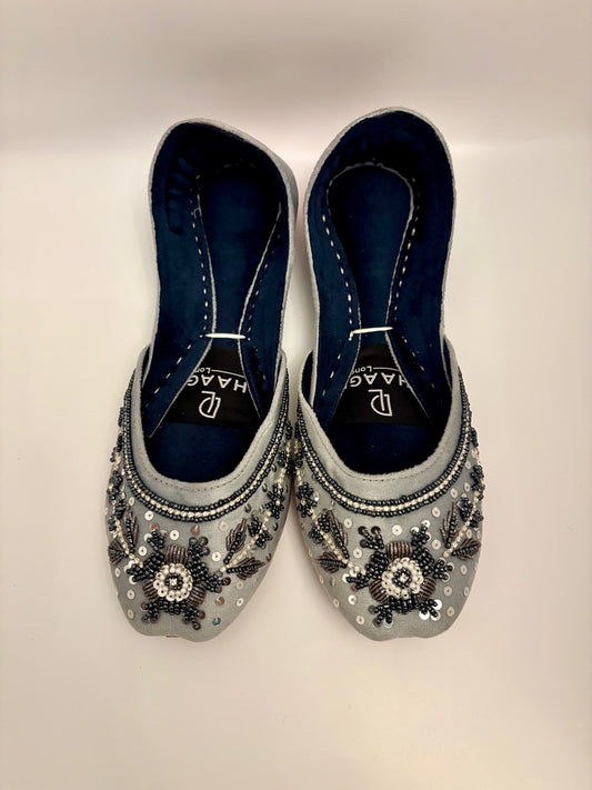273-Handmade Leather/Velvet Khussa/Jutti Silver Grey– Available sizes: UK 5,6,7,8