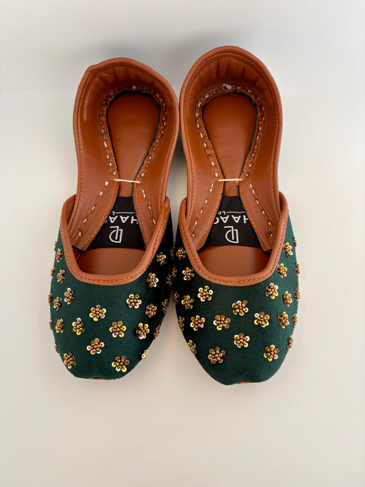298-Handmade Leather/Velvet Khussa/Jutti -Green– Available sizes: UK 5,6,7,8