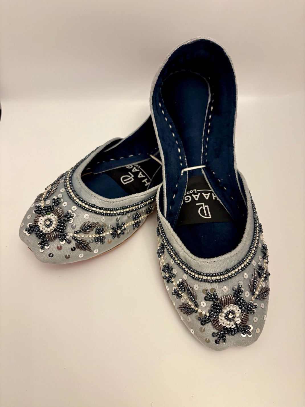 273-Handmade Leather/Velvet Khussa/Jutti Silver Grey– Available sizes: UK 5,6,7,8