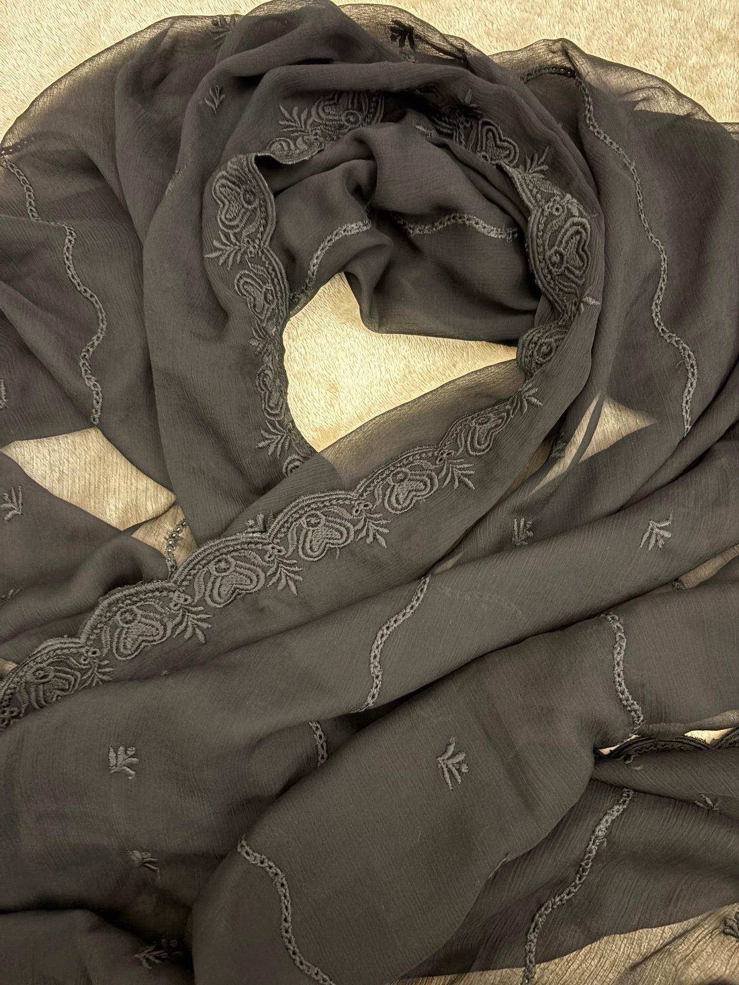 Crinkle Embroidery Dupatta, Soft Floral Wrap, Elegant Ladies Scarf, 316,Black