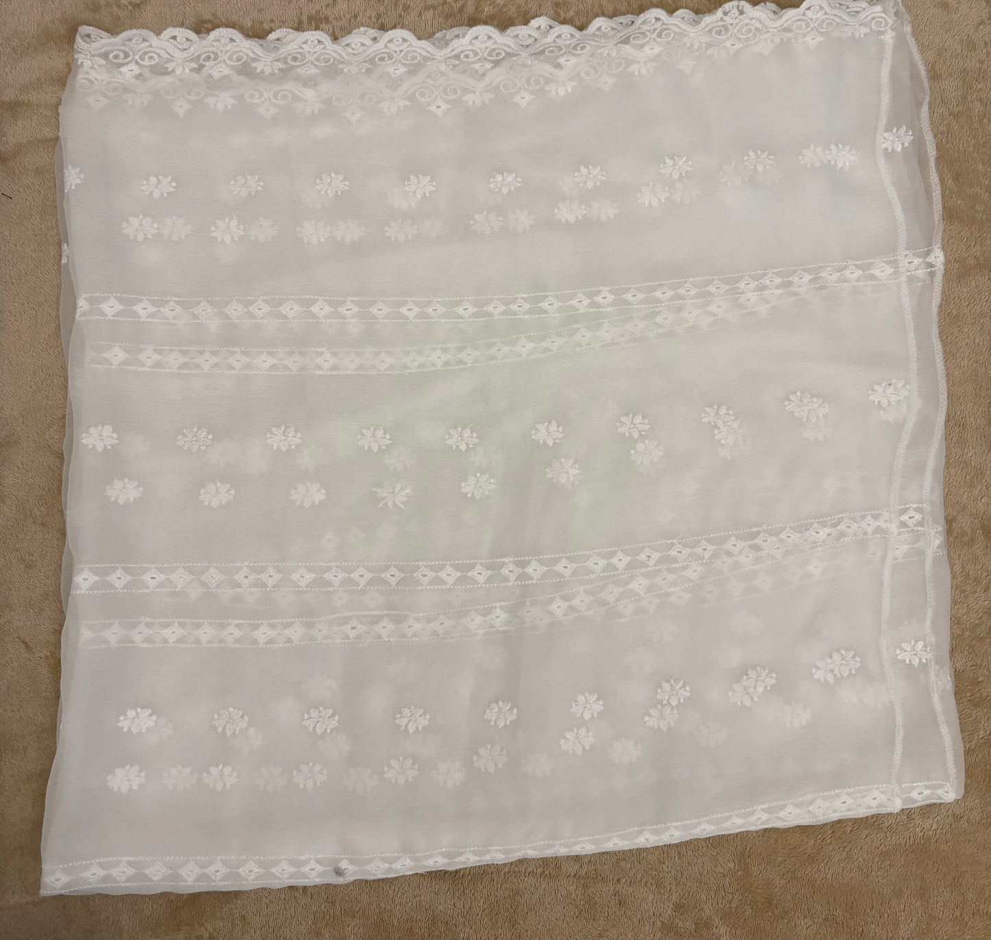 Crinkle Embroidery Dupatta, Soft Floral Wrap, Elegant Ladies Scarf, 321,White