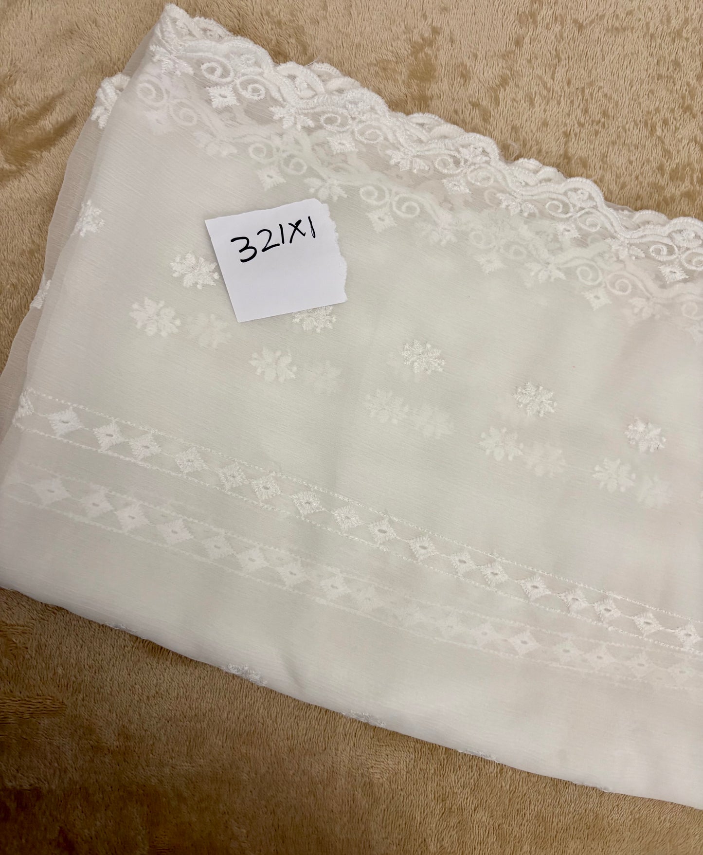 Crinkle Embroidery Dupatta, Soft Floral Wrap, Elegant Ladies Scarf, 321,White