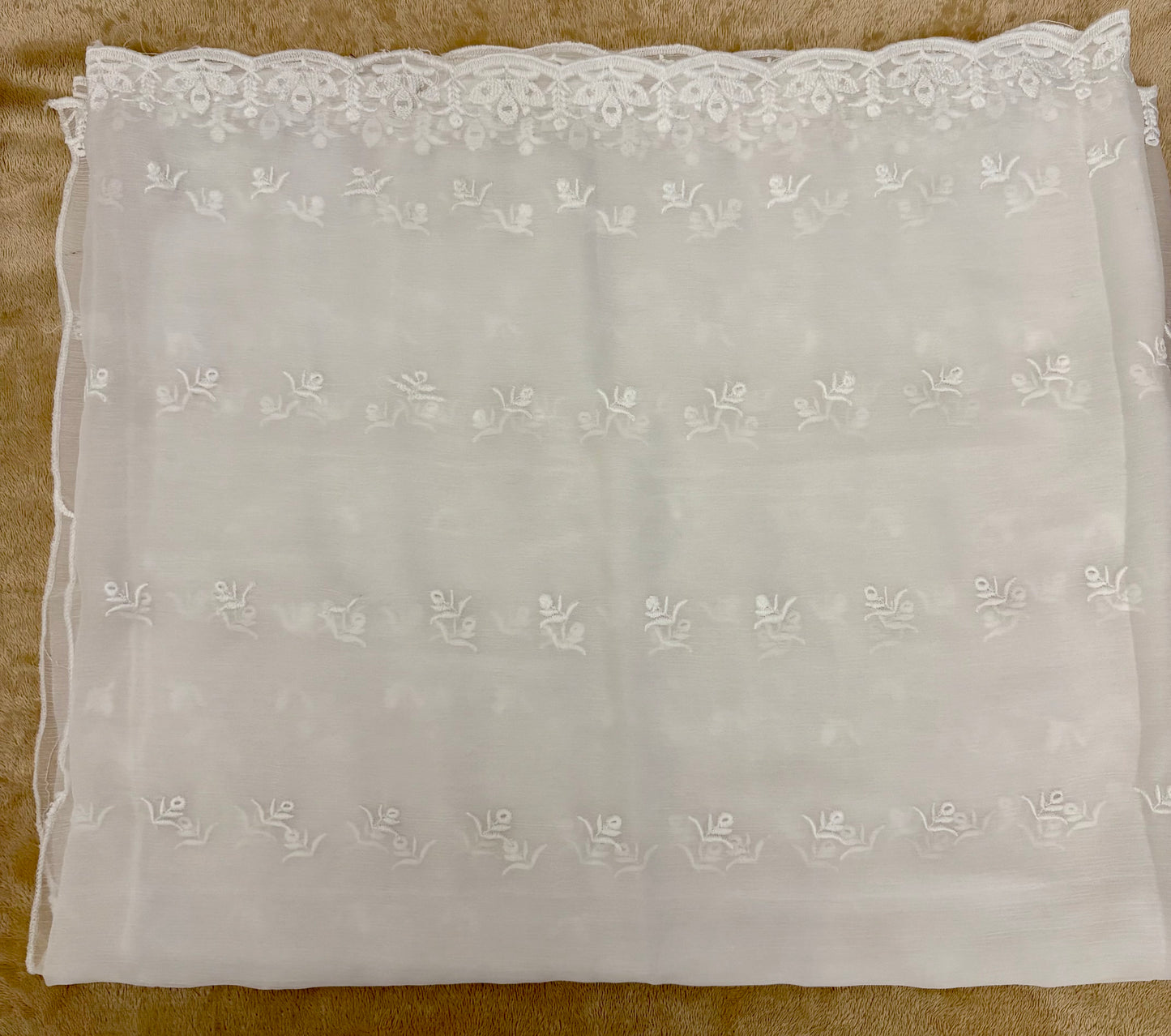 Crinkle Embroidery Dupatta, Soft Floral Wrap, Elegant Ladies Scarf, 317, White