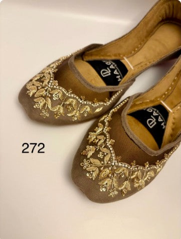 272-Handmade Leather/Velvet Khussa/Jutti Taupe Brown– Available sizes: UK 6,7,8
