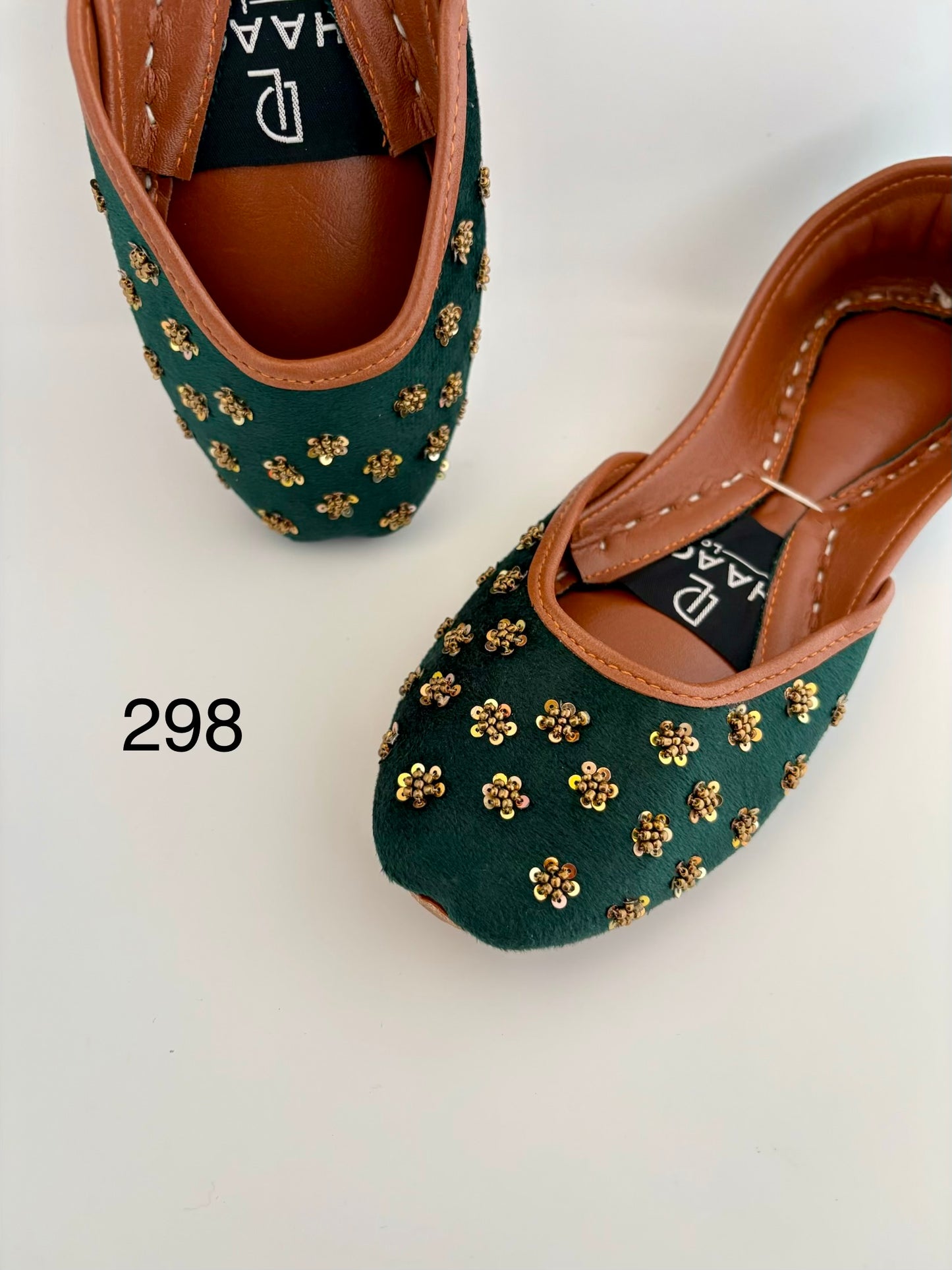 298-Handmade Leather/Velvet Khussa/Jutti -Green– Available sizes: UK 5,6,7,8