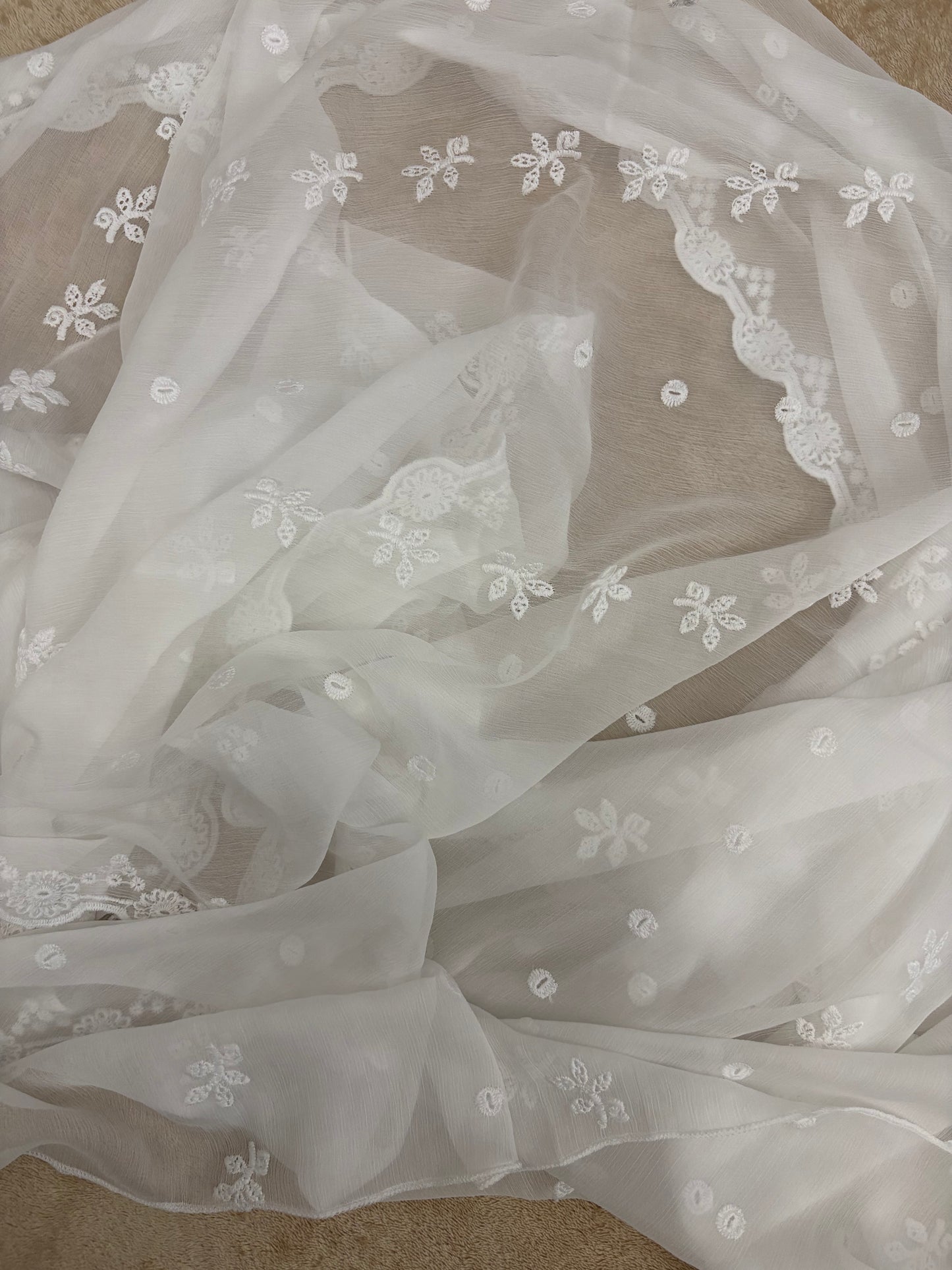 Crinkle Embroidery Dupatta, Soft Floral Wrap, Elegant Ladies Scarf, 324,White