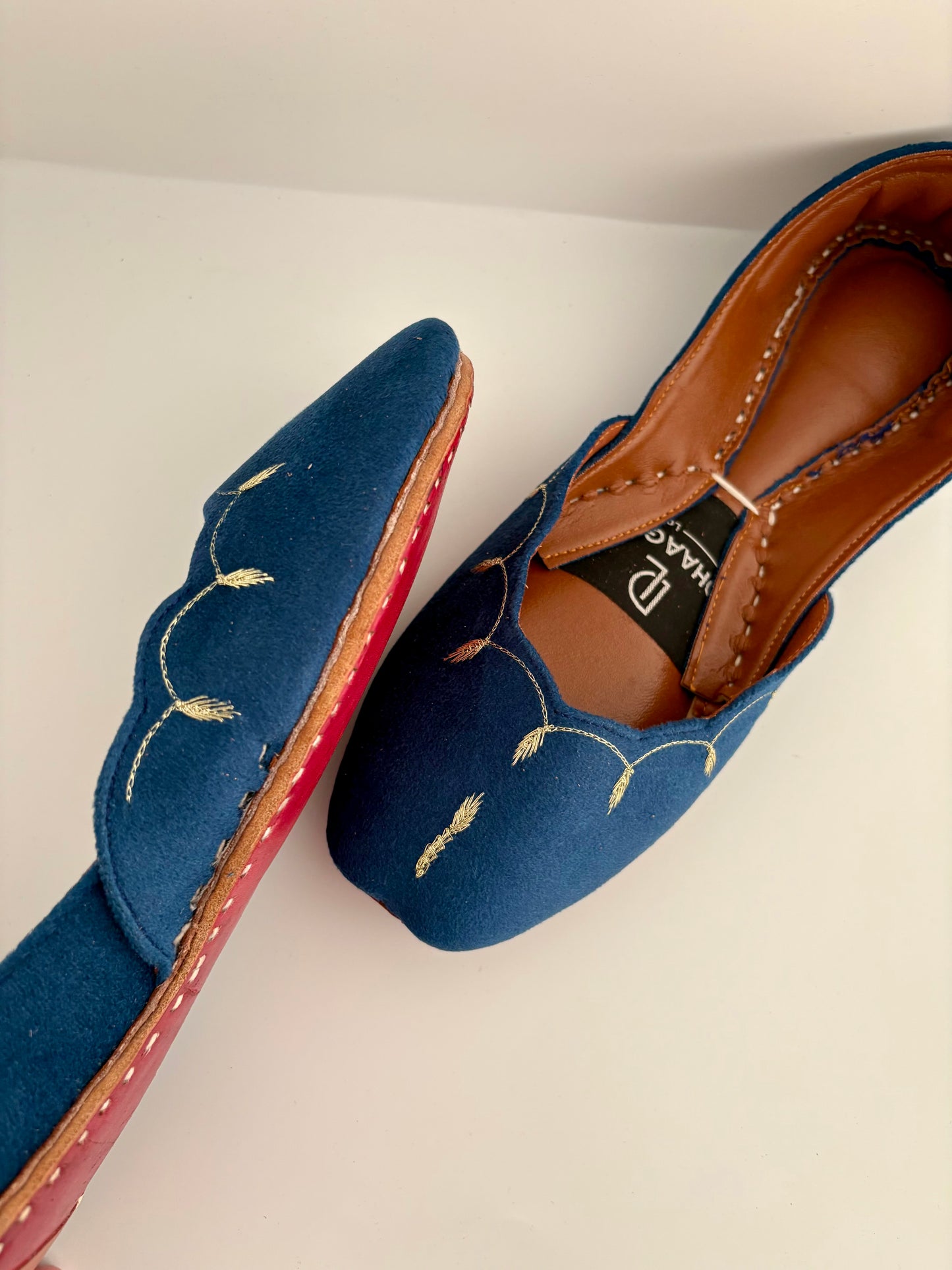 344-Handmade Leather/Velvet Khussa/Jutti - Teal Blue - Available sizes: UK 5,6,7,8