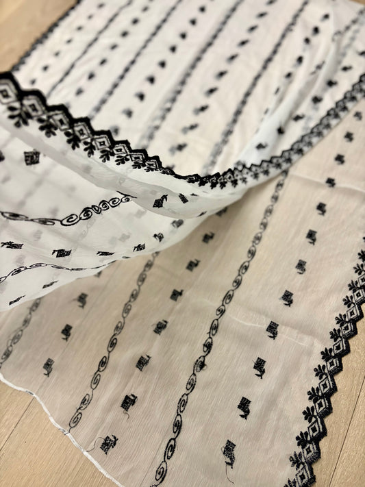 Crinkle Embroidery Dupatta, Soft Floral Wrap, Elegant Ladies Scarf, 296,White