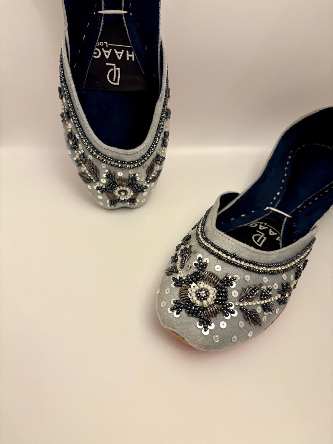 273-Handmade Leather/Velvet Khussa/Jutti Silver Grey– Available sizes: UK 5,6,7,8