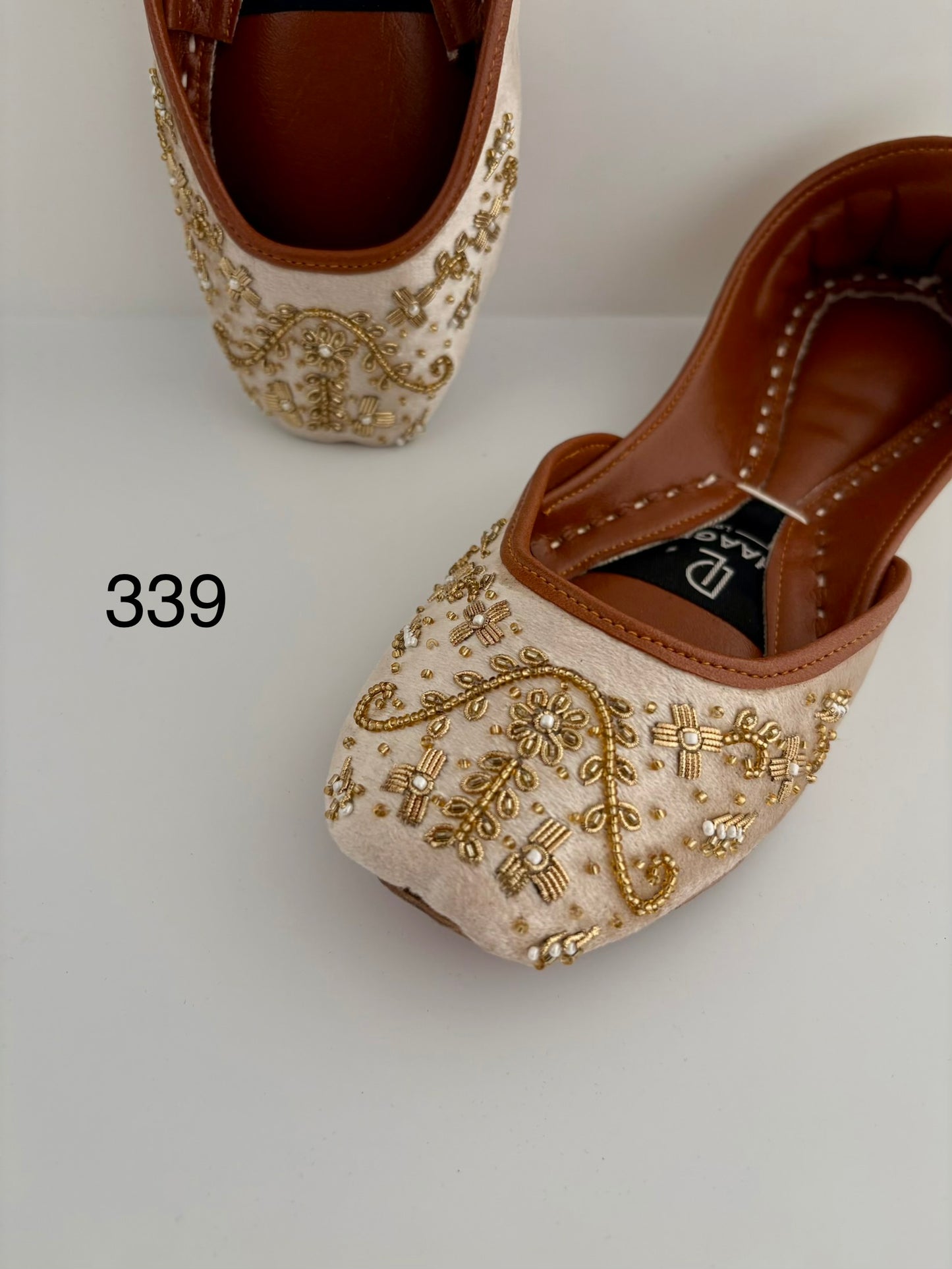 339-Handmade Leather/Velvet Khussa/Jutti -Ivory / Champagne -Available sizes: UK 5,6,7,8