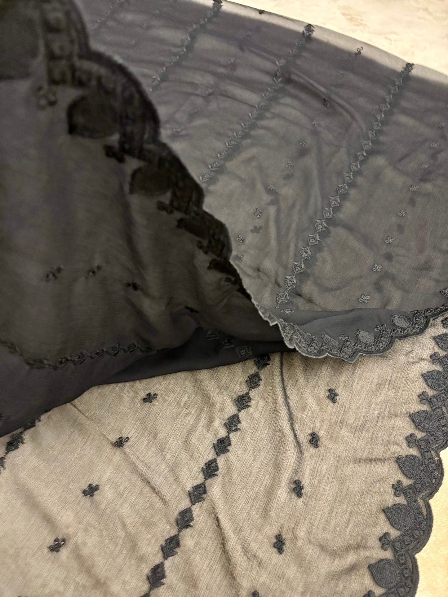 Crinkle Embroidery Dupatta, Soft Floral Wrap, Elegant Ladies Scarf, 320,Black