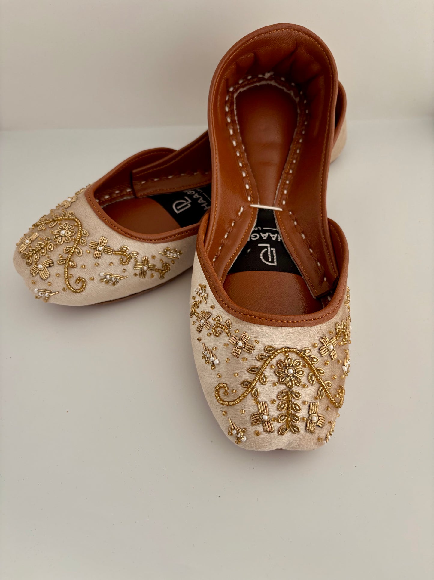 339-Handmade Leather/Velvet Khussa/Jutti -Ivory / Champagne -Available sizes: UK 5,6,7,8