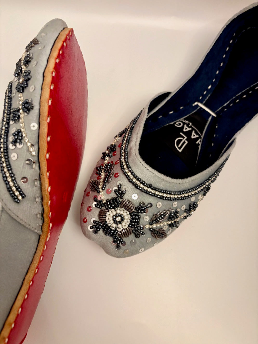 273-Handmade Leather/Velvet Khussa/Jutti Silver Grey– Available sizes: UK 5,6,7,8