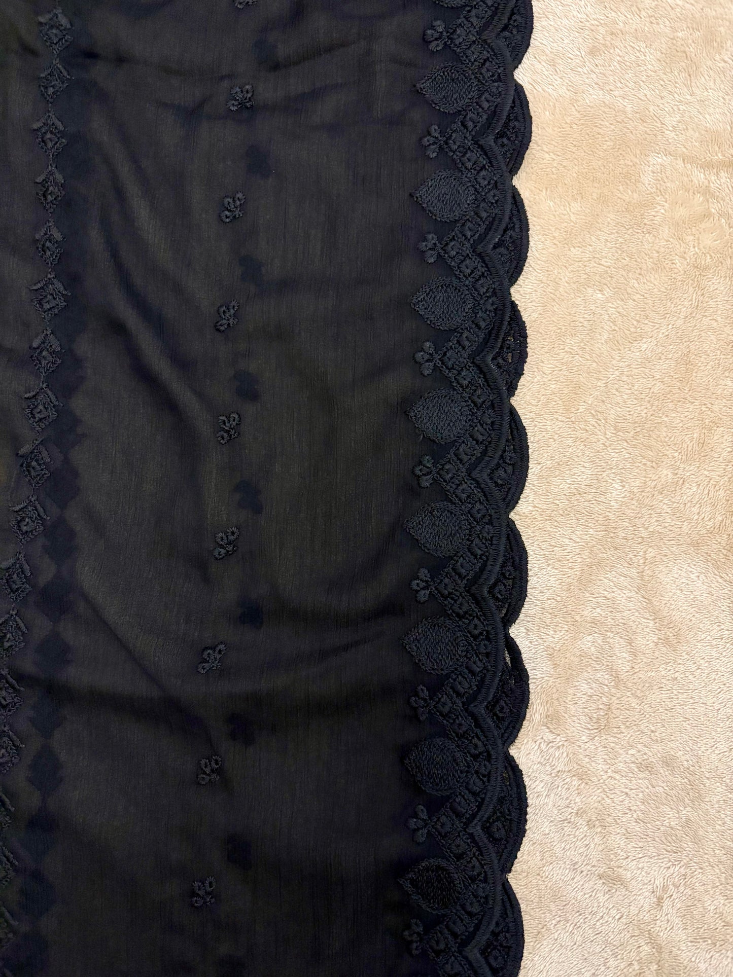 Crinkle Embroidery Dupatta, Soft Floral Wrap, Elegant Ladies Scarf, 320,Black