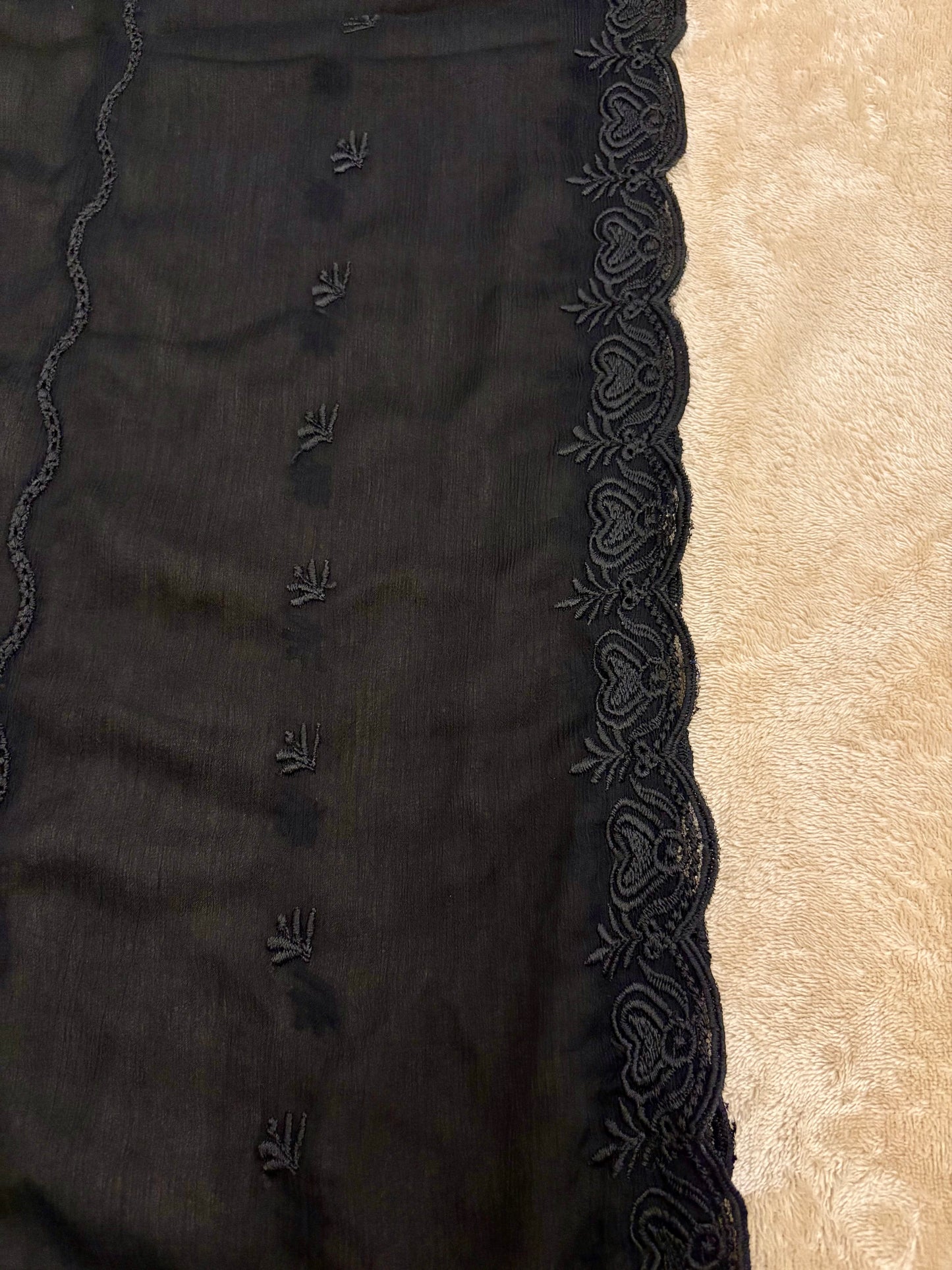Crinkle Embroidery Dupatta, Soft Floral Wrap, Elegant Ladies Scarf, 316,Black
