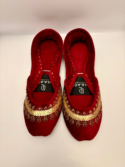 292-Handmade Leather/Velvet Khussa/Jutti -Maroon Red– Available sizes: UK 5,6,7,8