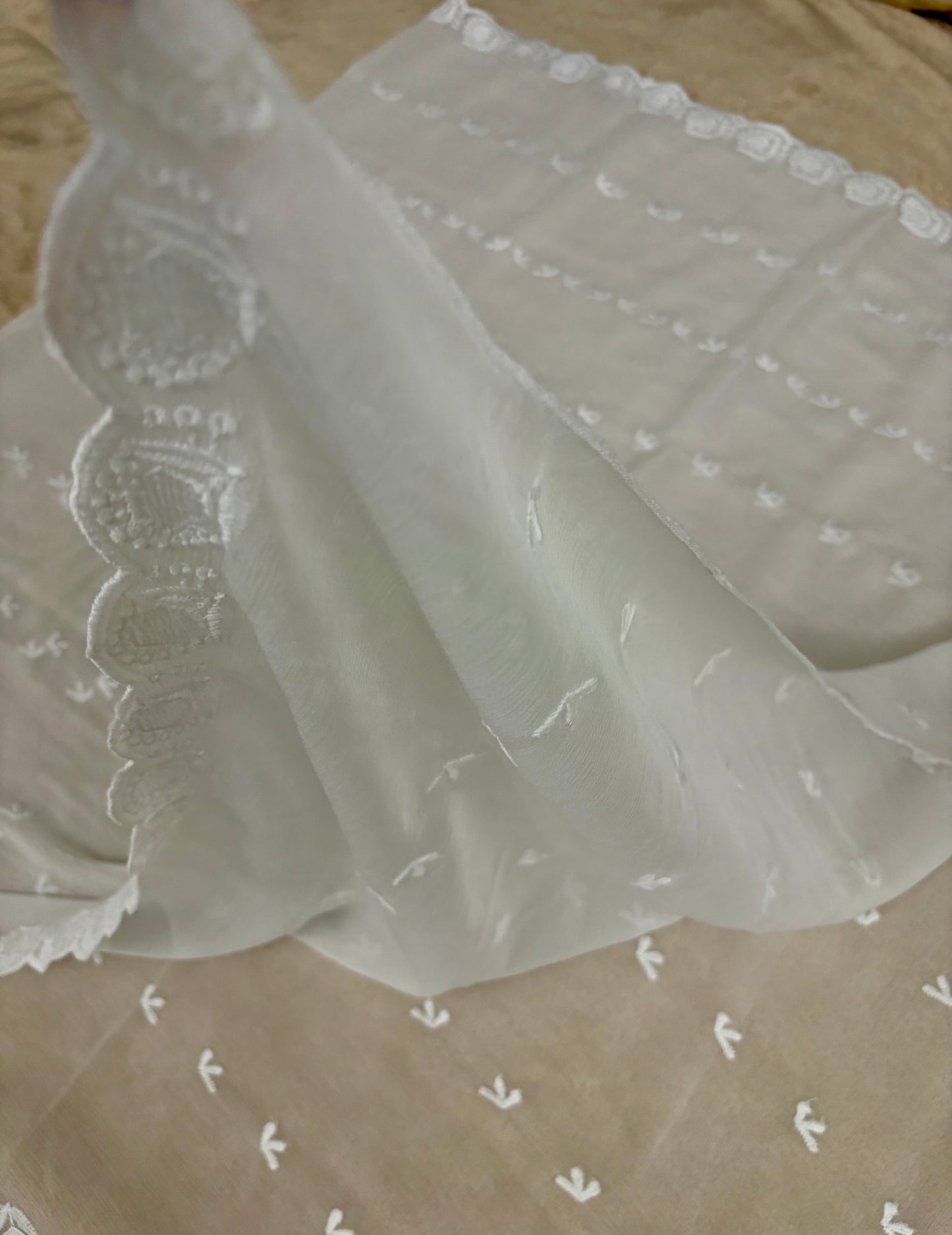 Crinkle Embroidery Dupatta, Soft Floral Wrap, Elegant Ladies Scarf, 314,White