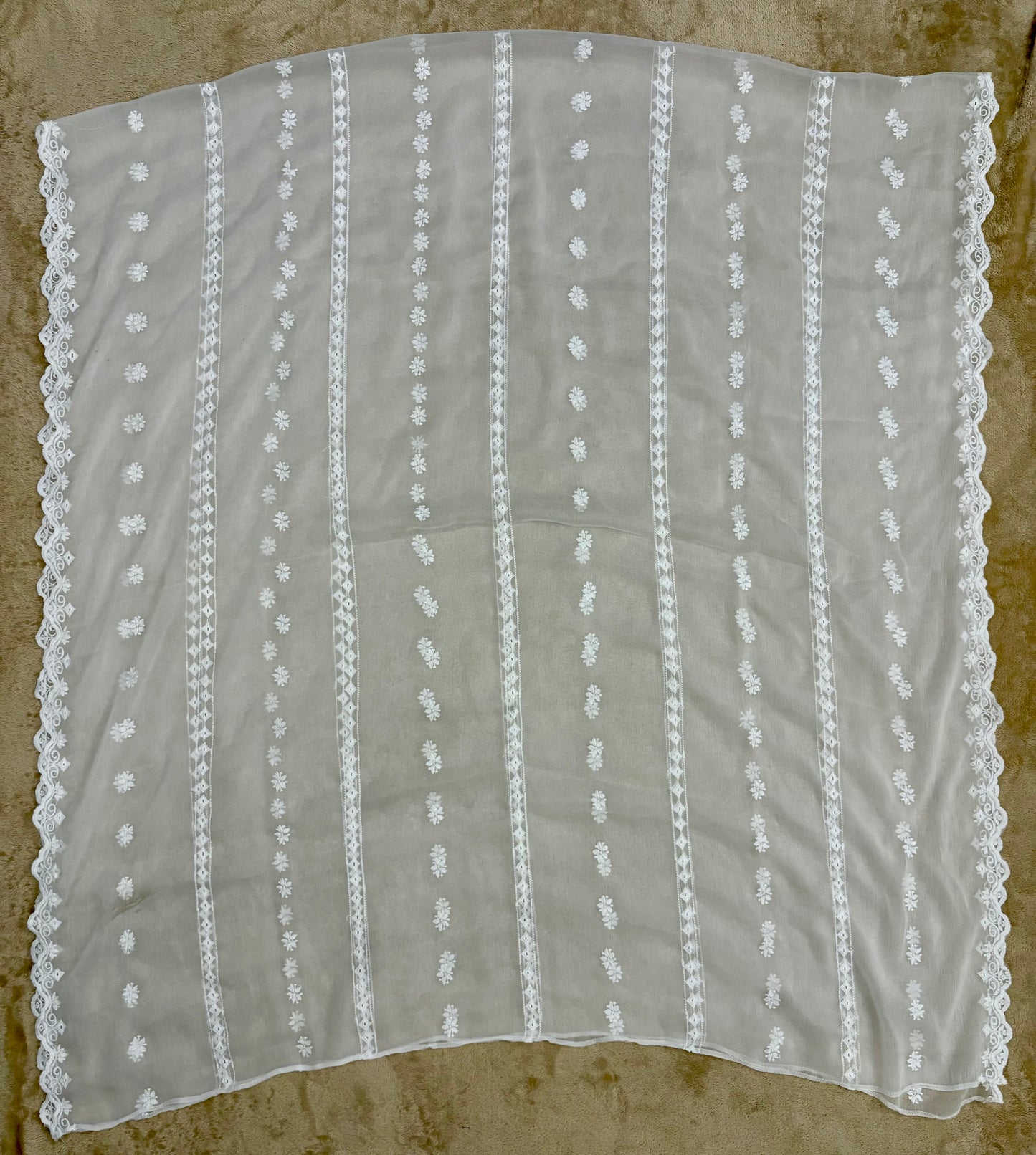 Crinkle Embroidery Dupatta, Soft Floral Wrap, Elegant Ladies Scarf, 321,White