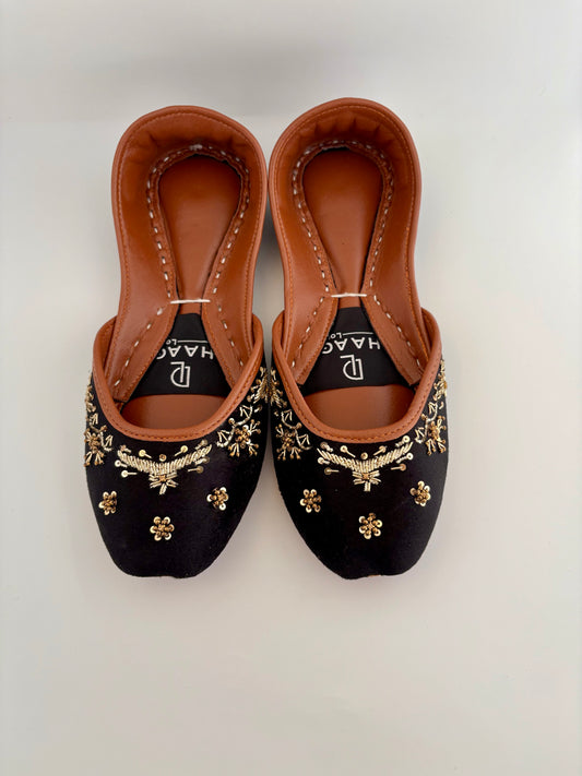 299-Handmade Leather/Velvet Khussa/Jutti -Black– Available sizes: UK 5,6,7,8