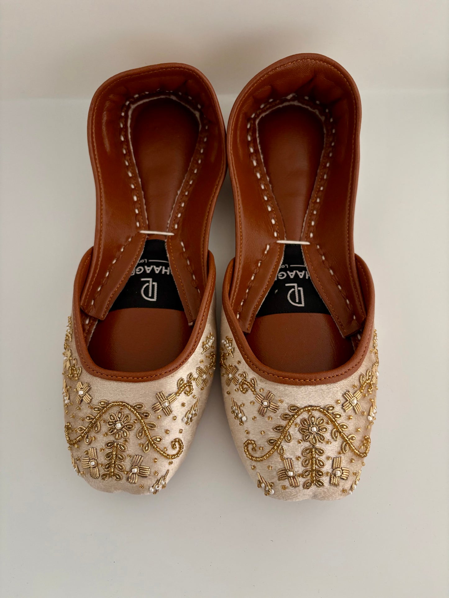 339-Handmade Leather/Velvet Khussa/Jutti -Ivory / Champagne -Available sizes: UK 5,6,7,8