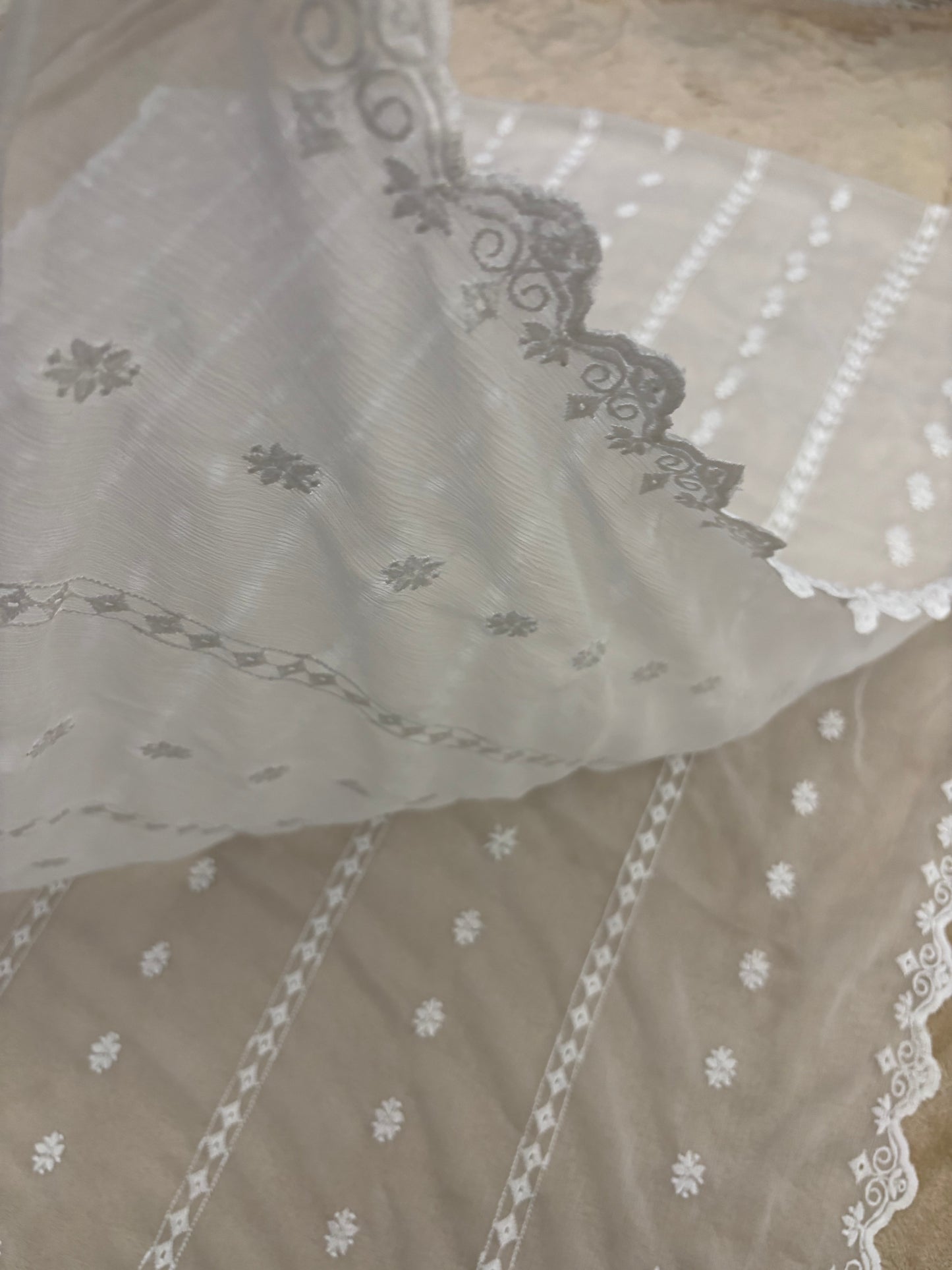 Crinkle Embroidery Dupatta, Soft Floral Wrap, Elegant Ladies Scarf, 321,White