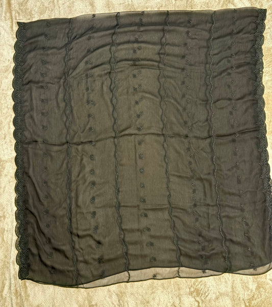 Crinkle Embroidery Dupatta, Soft Floral Wrap, Elegant Ladies Scarf, 316,Black