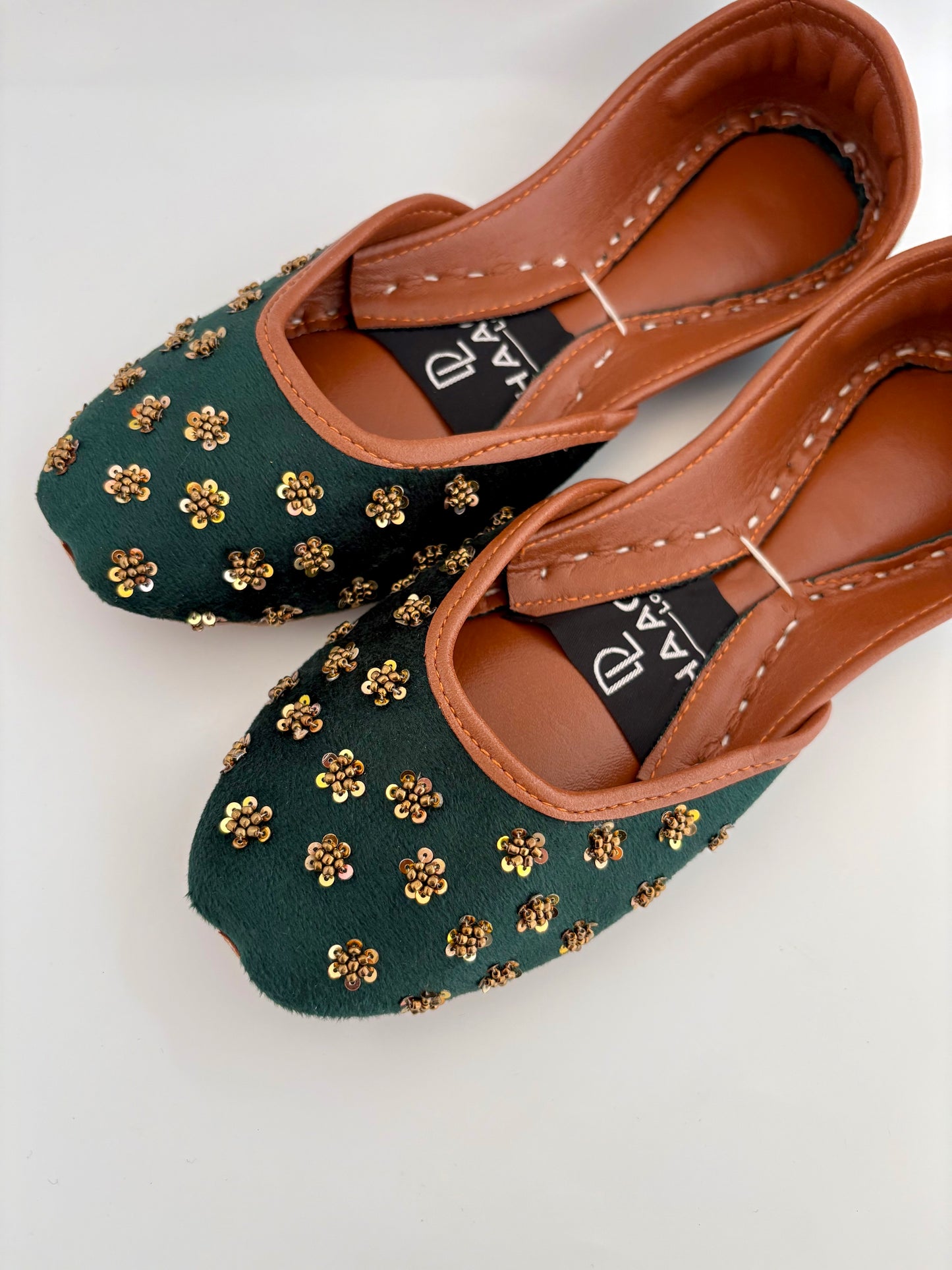 298-Handmade Leather/Velvet Khussa/Jutti -Green– Available sizes: UK 5,6,7,8