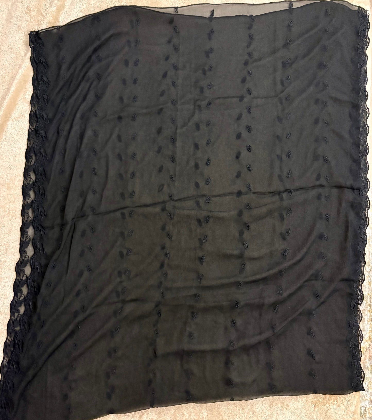 Crinkle Embroidery Dupatta, Soft Floral Wrap, Elegant Ladies Scarf, 315,Black
