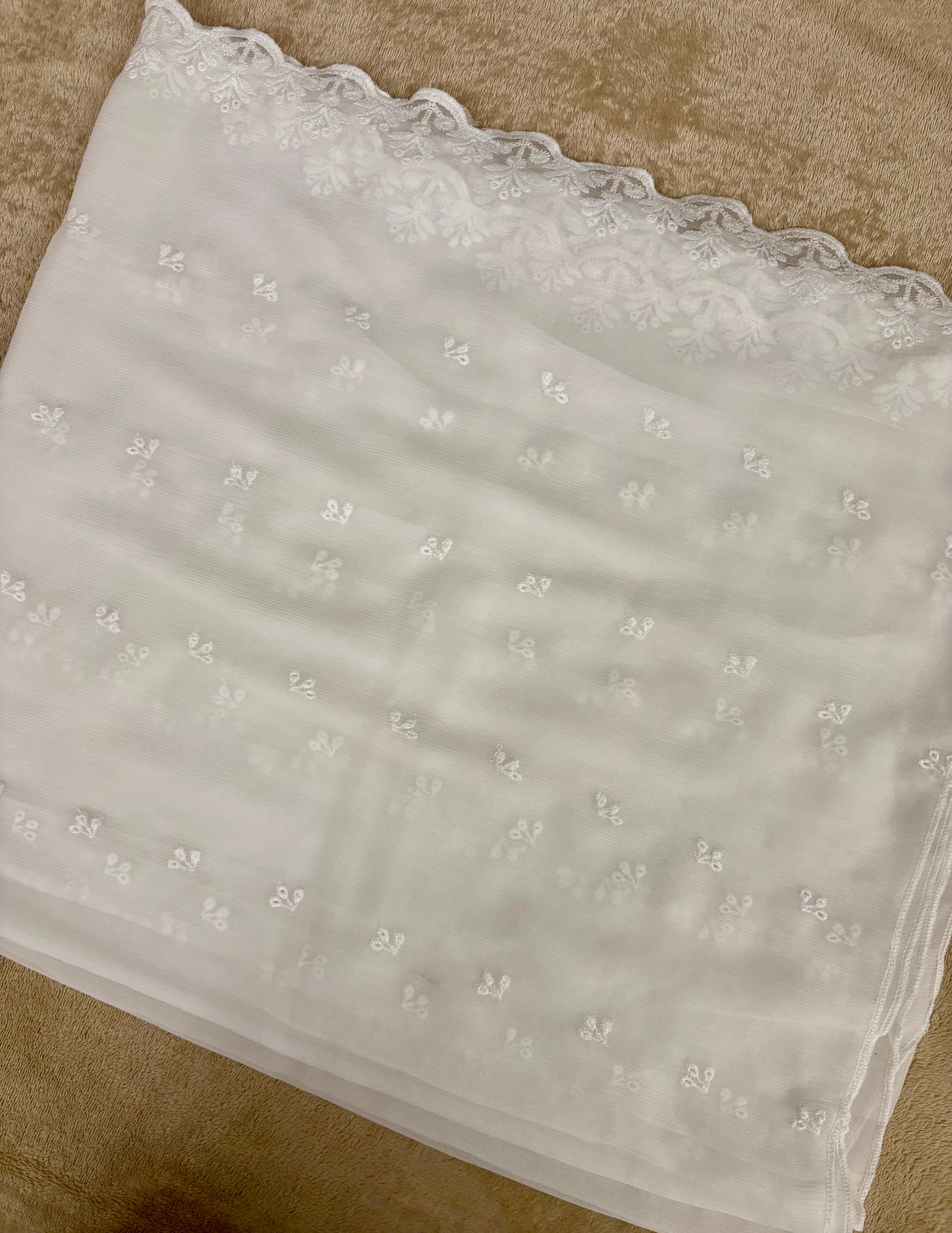 Crinkle Embroidery Dupatta, Soft Floral Wrap, Elegant Ladies Scarf, 316, White