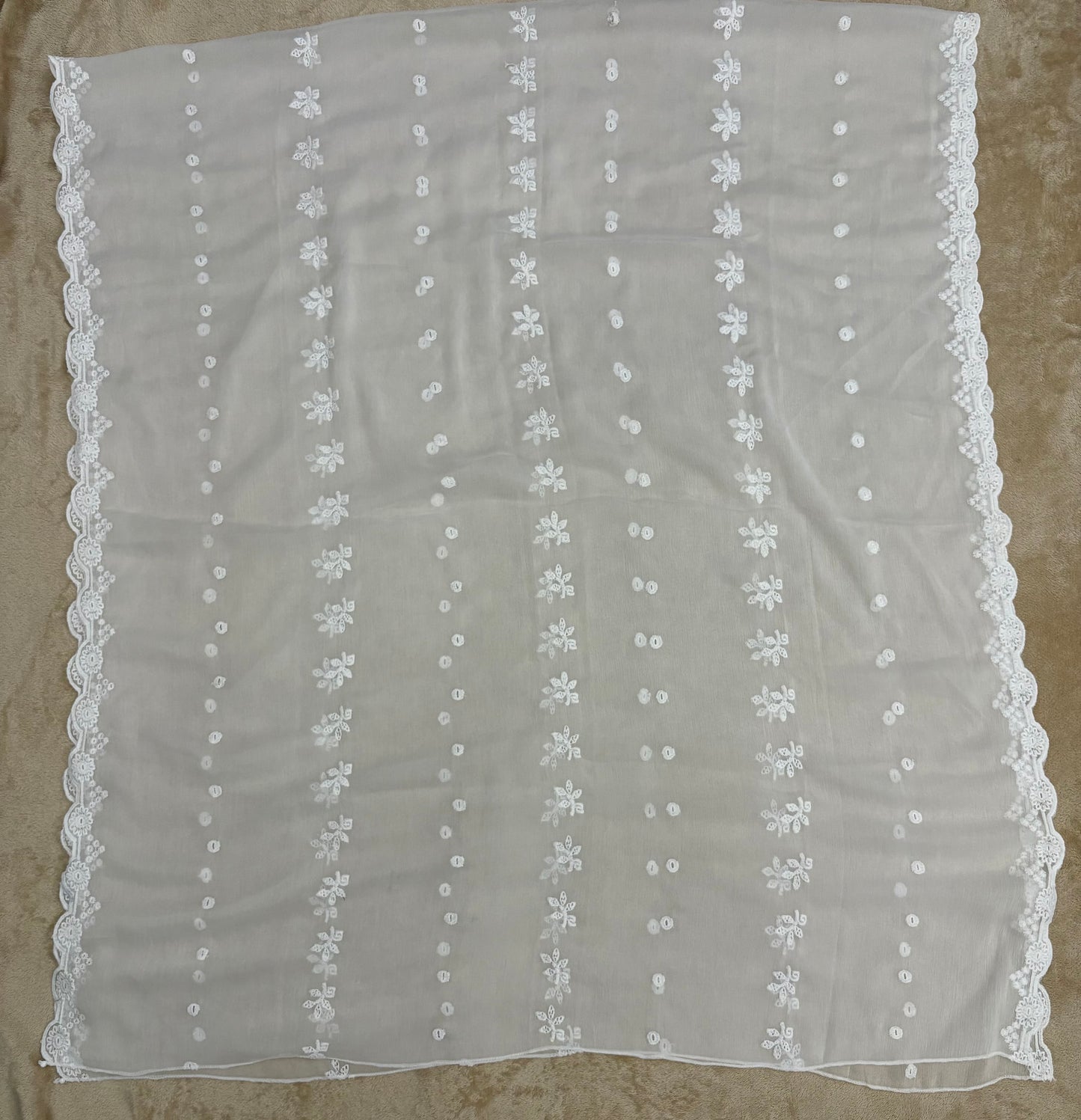 Crinkle Embroidery Dupatta, Soft Floral Wrap, Elegant Ladies Scarf, 324,White