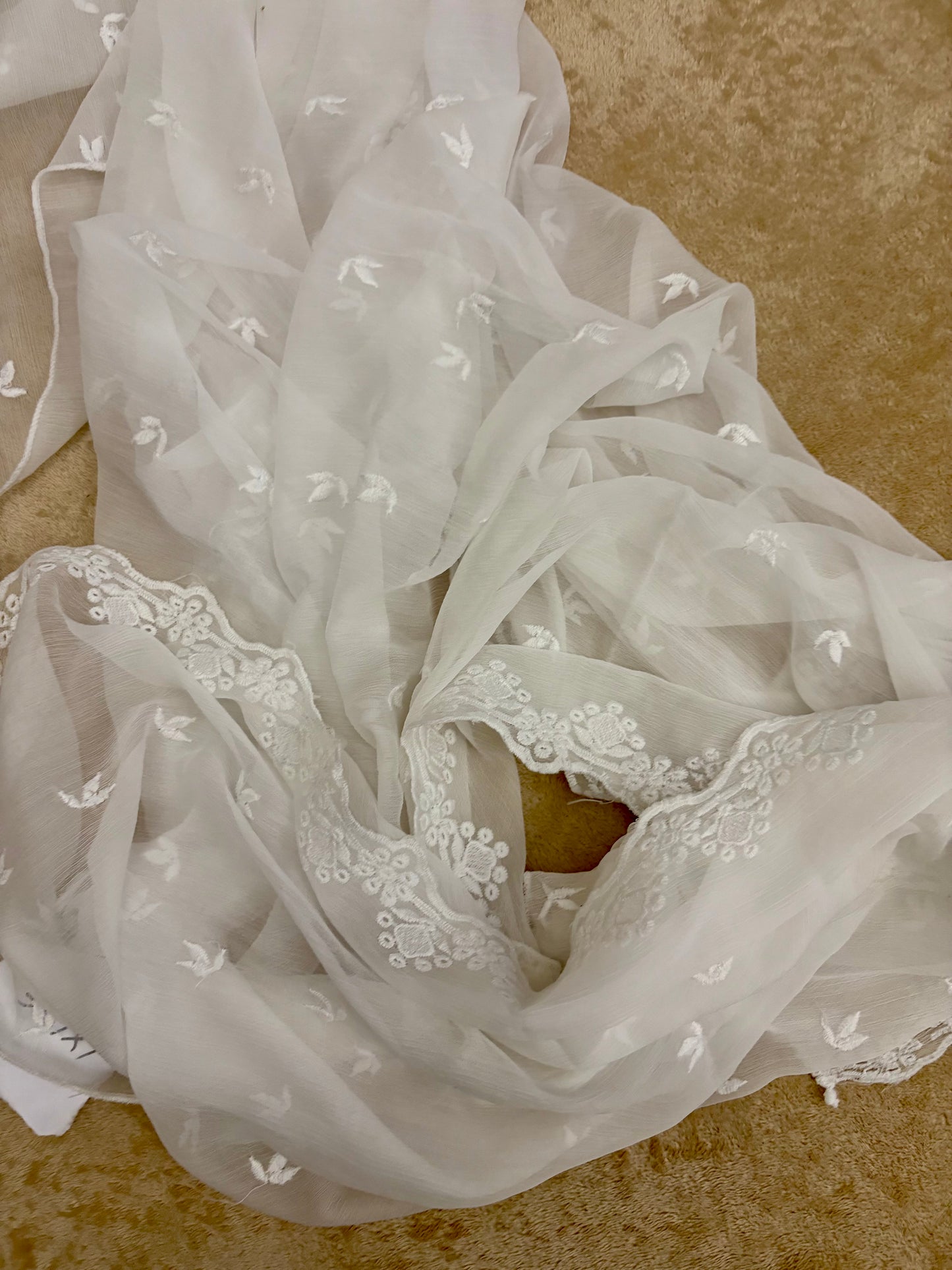 Crinkle Embroidery Dupatta, Soft Floral Wrap, Elegant Ladies Scarf, 319, White