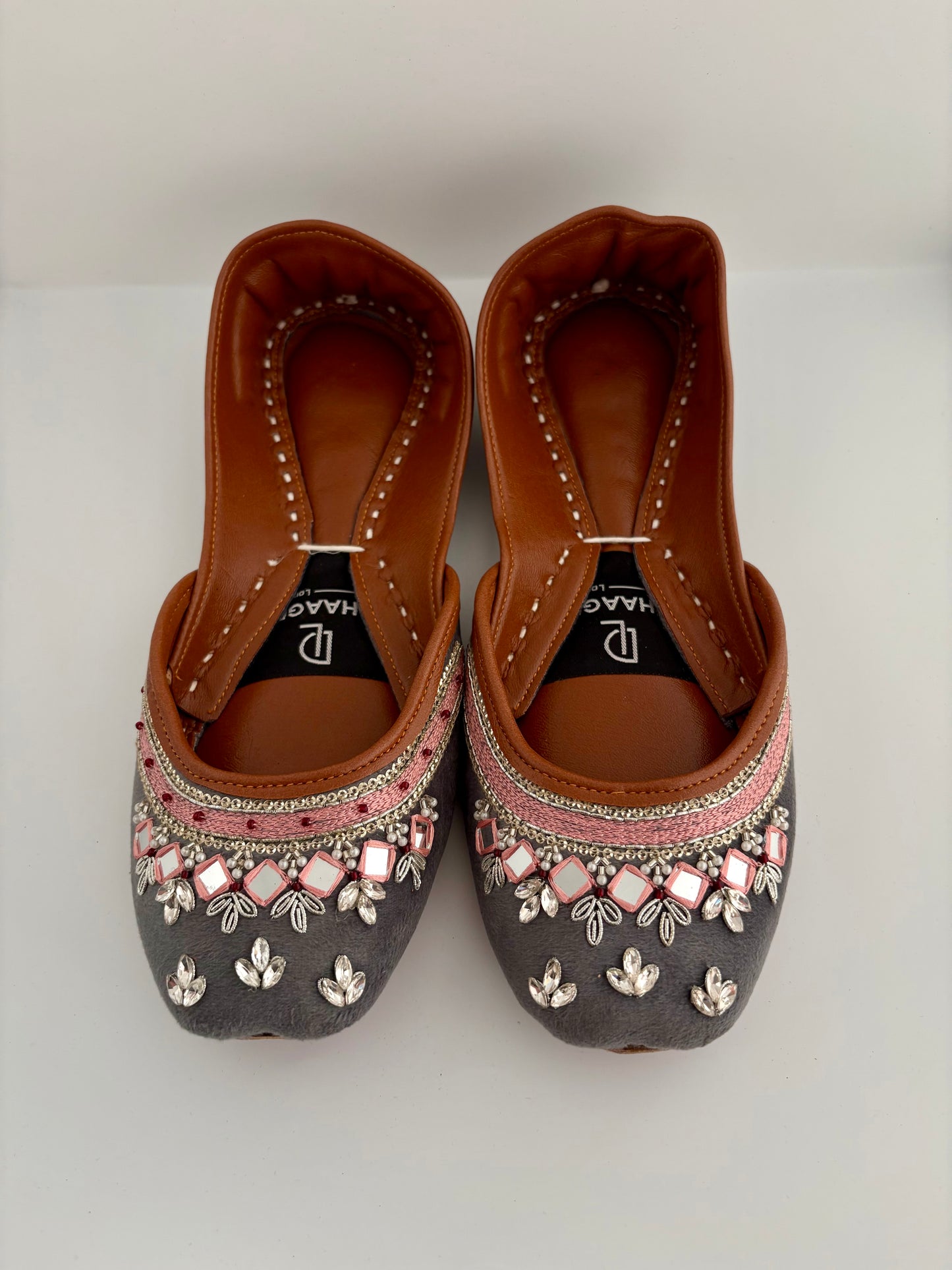 341-Handmade Leather/Velvet Khussa/Jutti - Charcoal Grey-Available sizes: UK 5,6,7,8