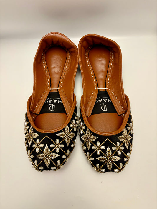 294-Handmade Leather/Velvet Khussa/Jutti -Black– Available sizes: UK 5,6,7,8