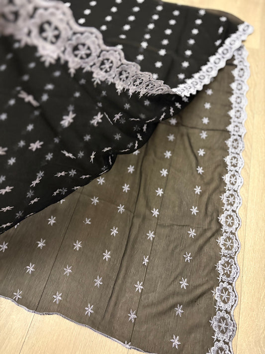 Crinkle Embroidery Dupatta, Soft Floral Wrap, Elegant Ladies Scarf, 298,Black