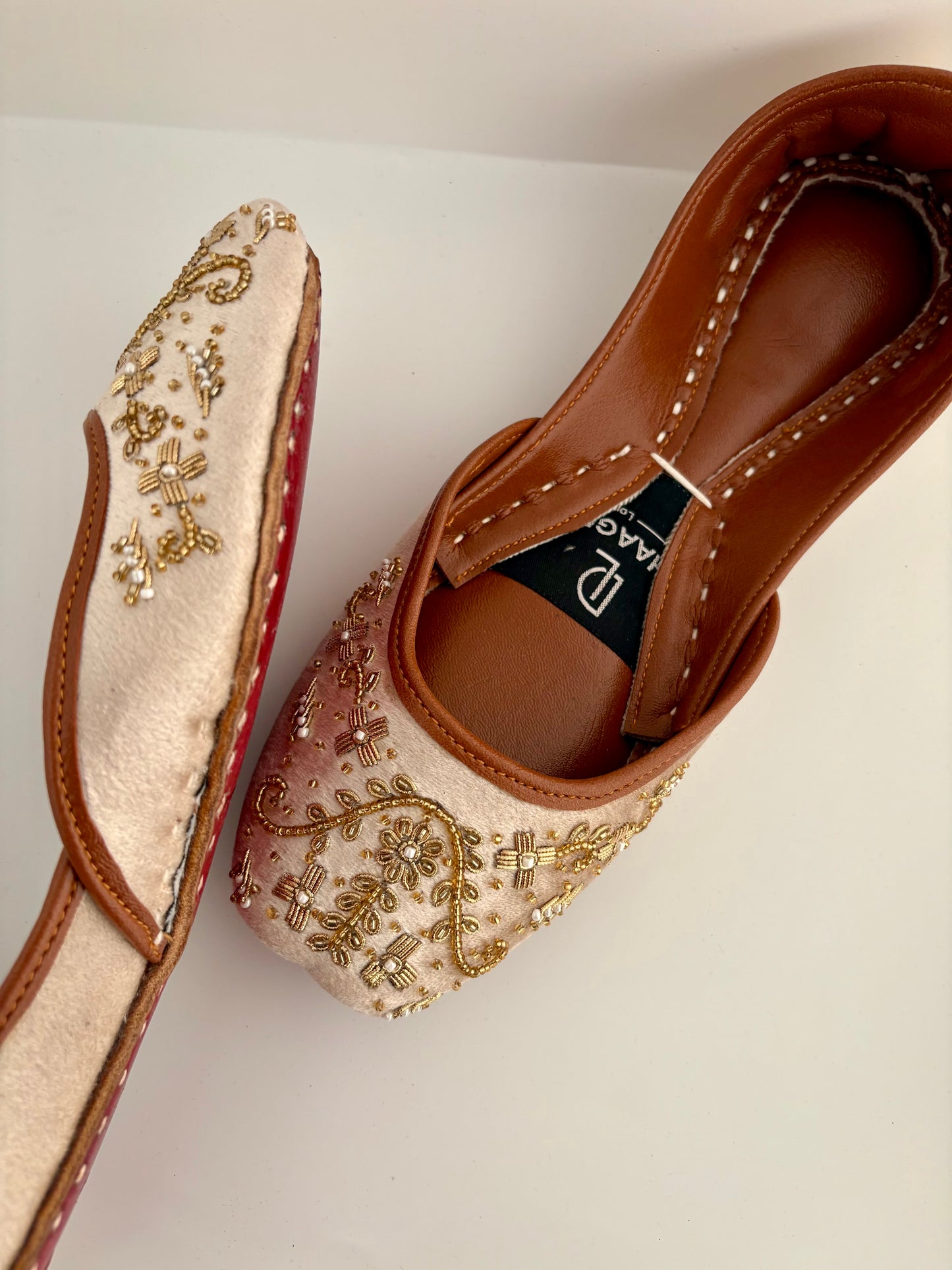 339-Handmade Leather/Velvet Khussa/Jutti -Ivory / Champagne -Available sizes: UK 5,6,7,8