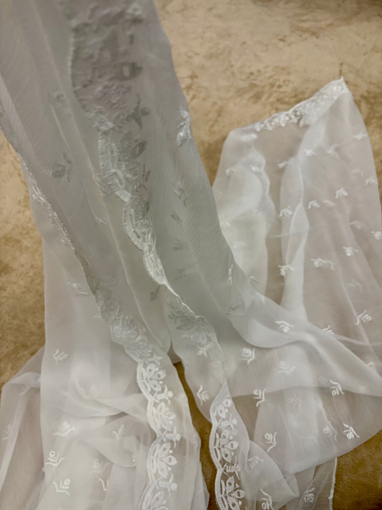 Crinkle Embroidery Dupatta, Soft Floral Wrap, Elegant Ladies Scarf, 317, White
